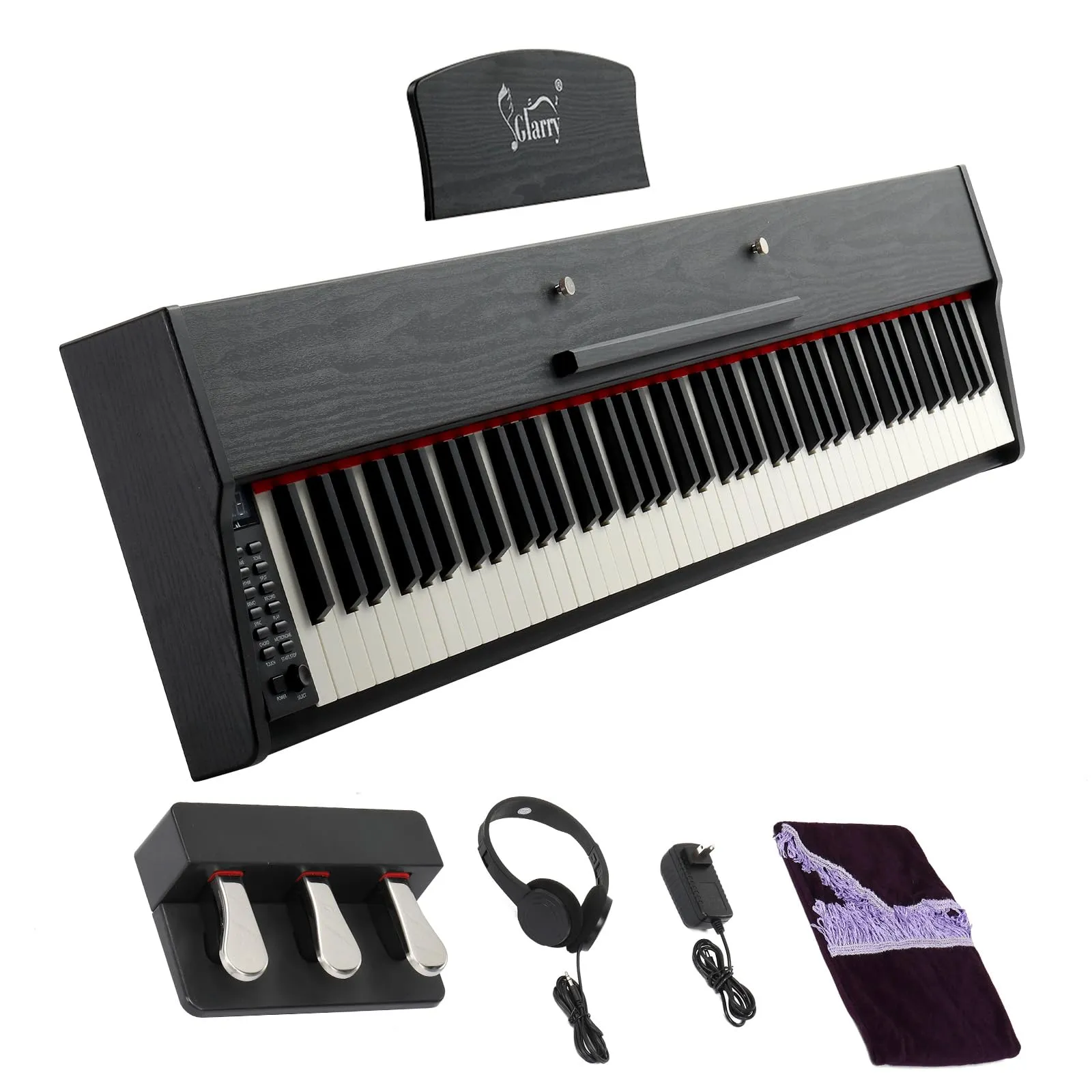 GLARRY Portable 88-Key Digital Piano with Semi-Weighted Keys, Bluetooth, Three Pedals, Black