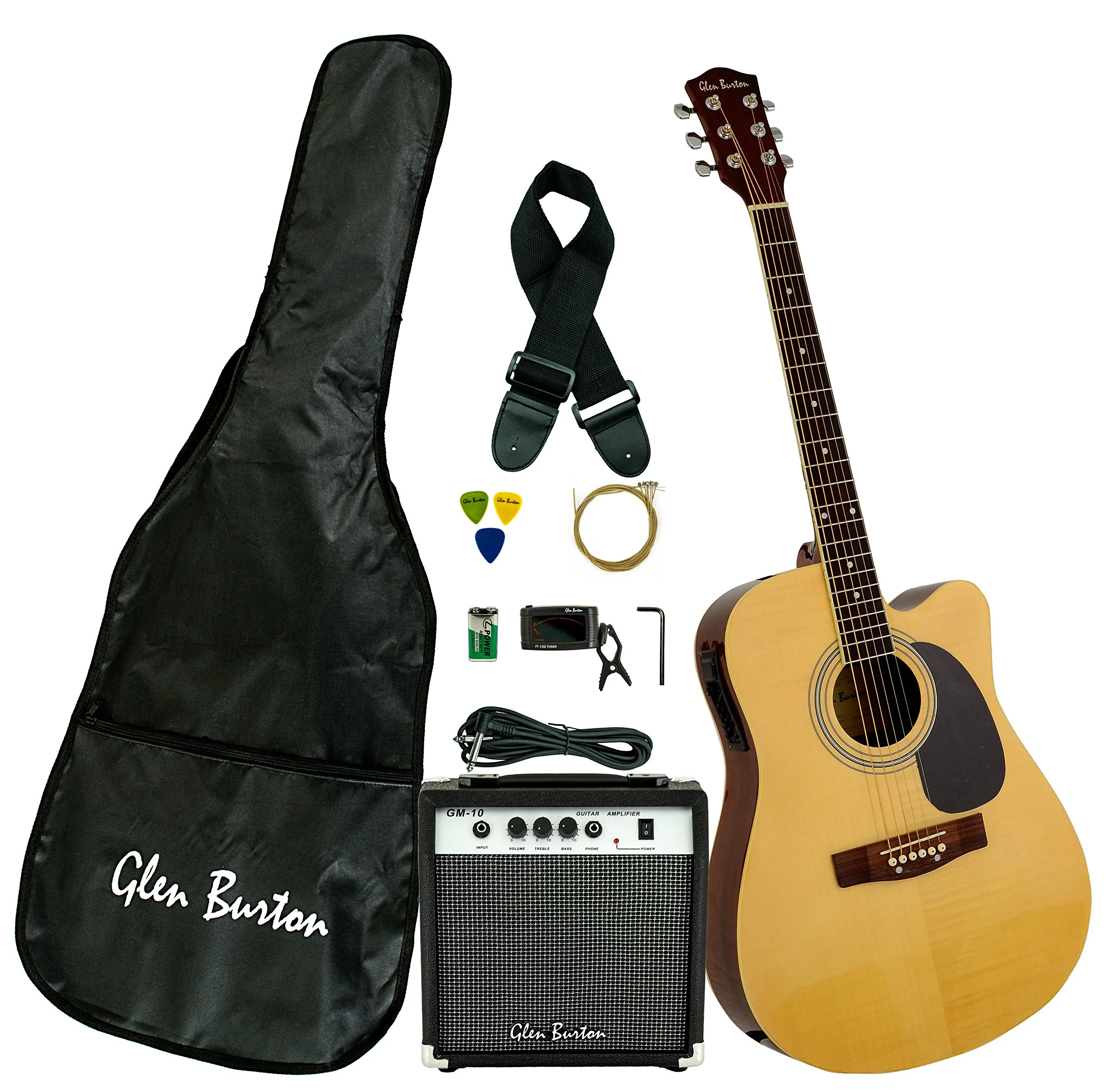 Glen Burton GA204BCO-NT Acoustic Electric Guitar, Natural Finish, Includes Gig Bag & Amplifier