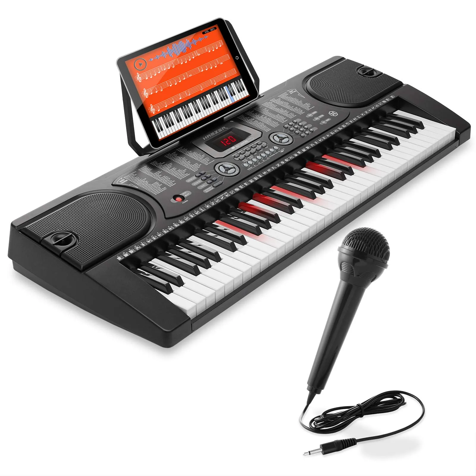 Hamzer 61-Key Electronic Keyboard Portable Digital Piano with Lighted Keys & Microphone Set