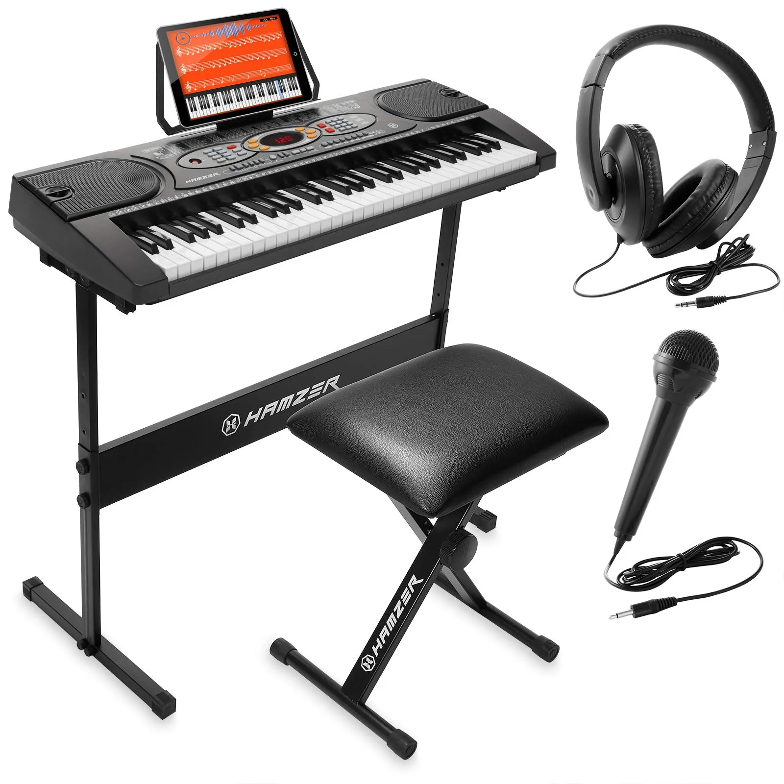 Hamzer 61-Key Portable Digital Music Piano with H-Stand, Stool, Headphones, Microphone & Stickers