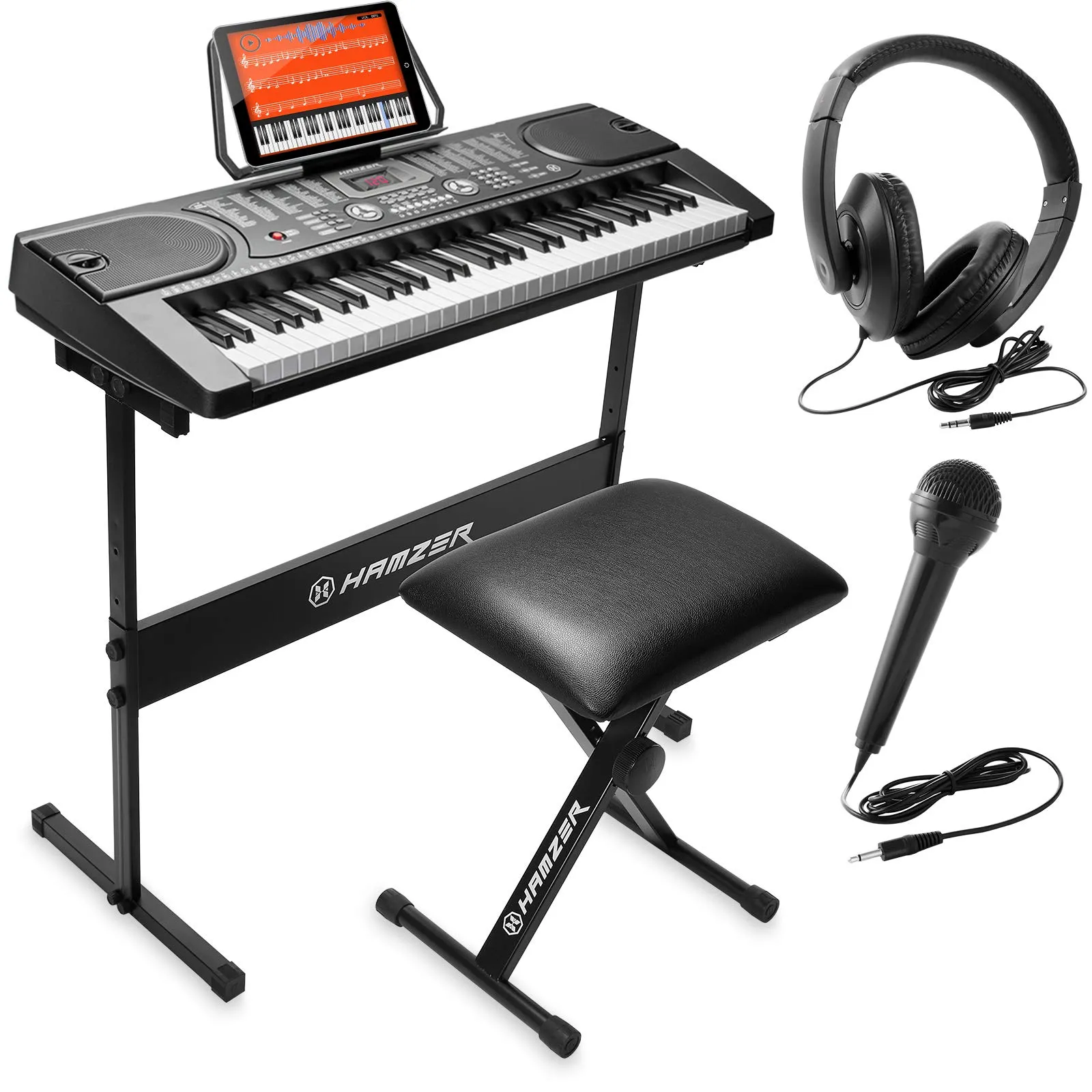 Hamzer 61-Key Portable Electronic Keyboard with Stand, Stool, Headphones, Microphone & Stickers