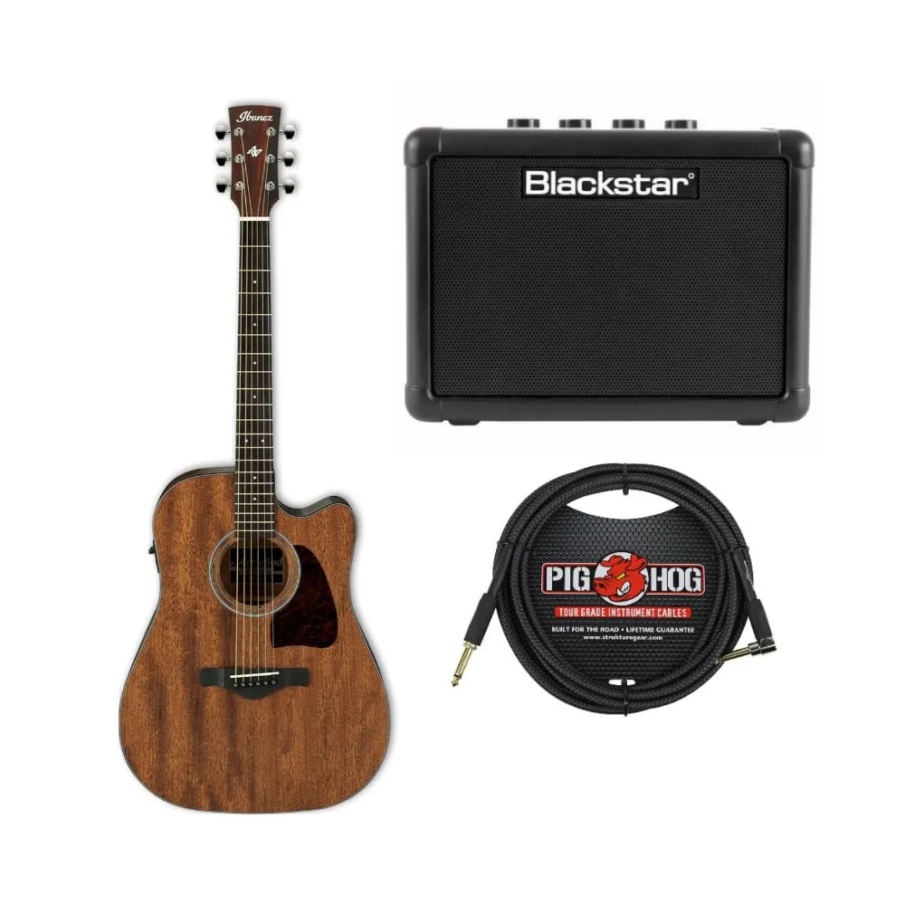 Ibanez AW54CE Artwood Dreadnought Acoustic Electric Guitar Bundle with FLY3 Amp & Cable, Natural