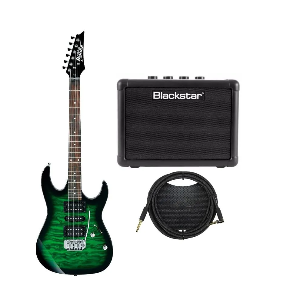 Ibanez GRX70QA GIO Electric Guitar Bundle - Transparent Emerald Burst, Amp & Cable Included