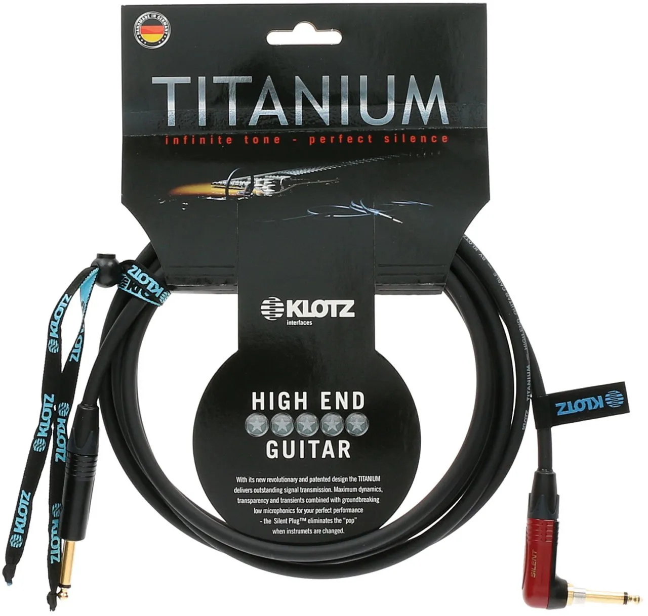 Klotz TIR0600PSP Titanium Guitar Cable 20ft with SilentPLUG, Ultra-Dynamic, Low Compression, Right Angle