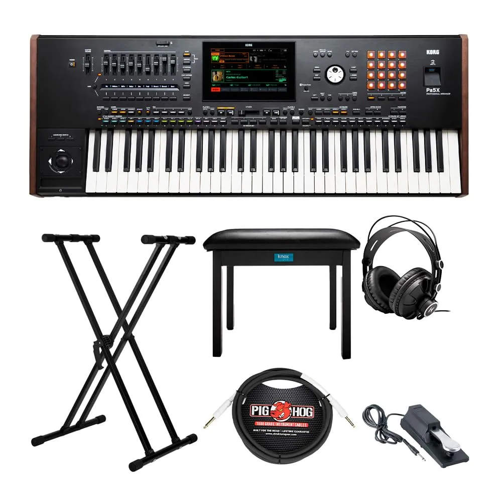 Korg 61-Key Pa5X Professional Arranger Bundle with Keyboard Stand, Bench, Headphones & Cables