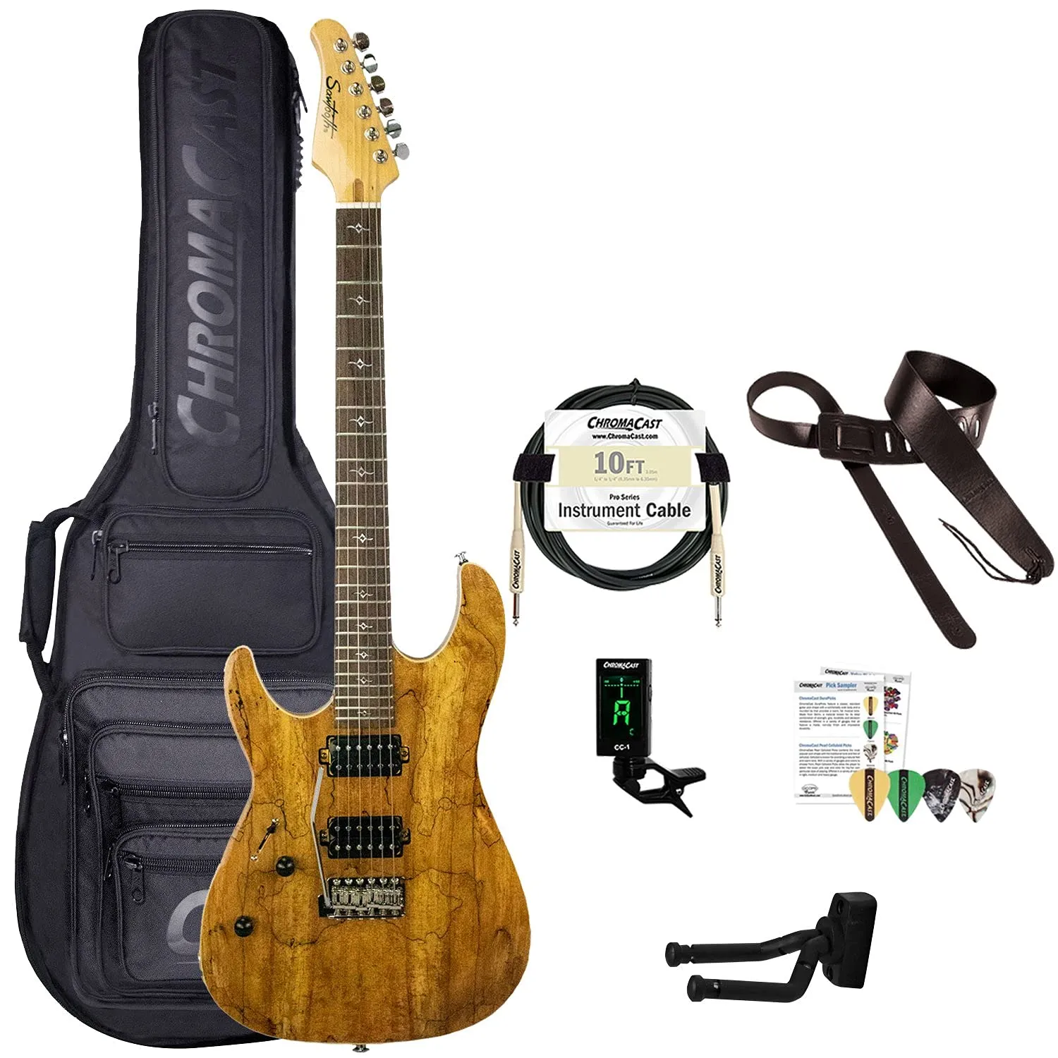 Left-Handed 6 String Sawtooth Natural Series Spalted Maple Electric Guitar with Accessories