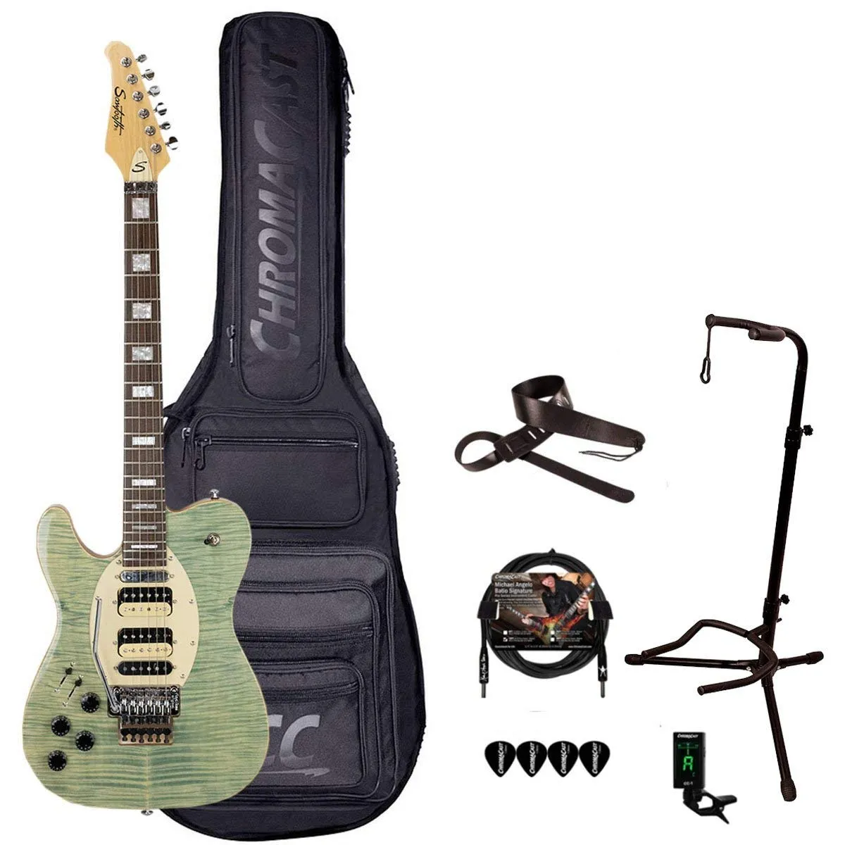 Left-Handed GoDpsMusic 6 String Electric Guitar in Grass-Stained Blue Jean with Accessories