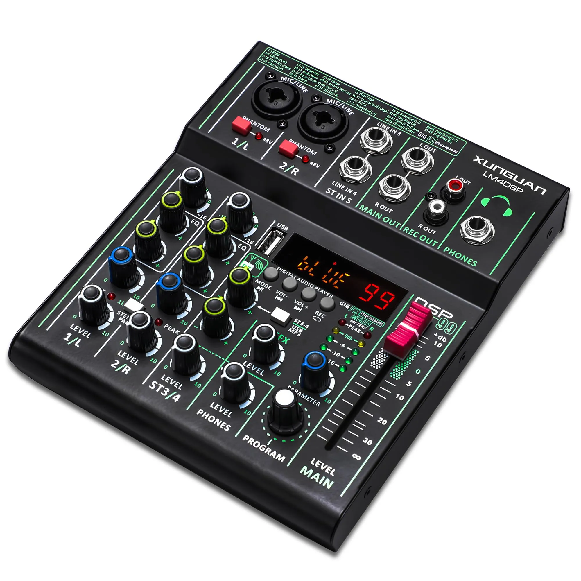 LM4DSP 4-Channel Professional Mixing Console with Bluetooth, USB, 99DSP Effects, 48V Phantom Power