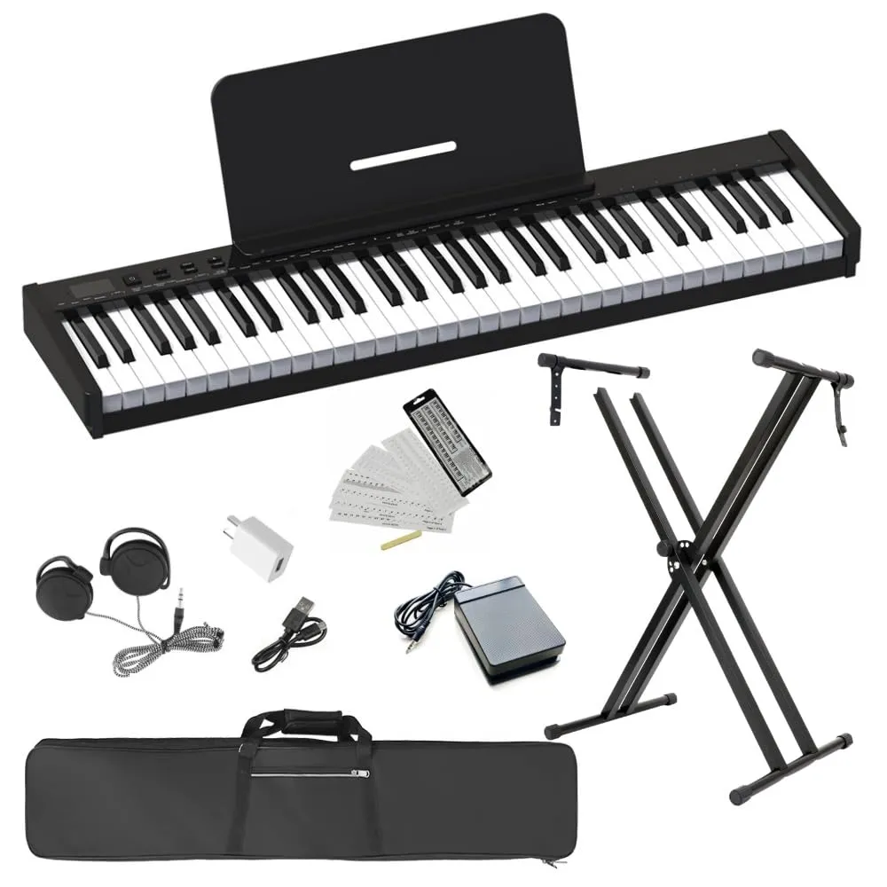 Longeye 61-Key Portable Compact Keyboard Piano with Stand, Headphones, Sustain Pedal, Black