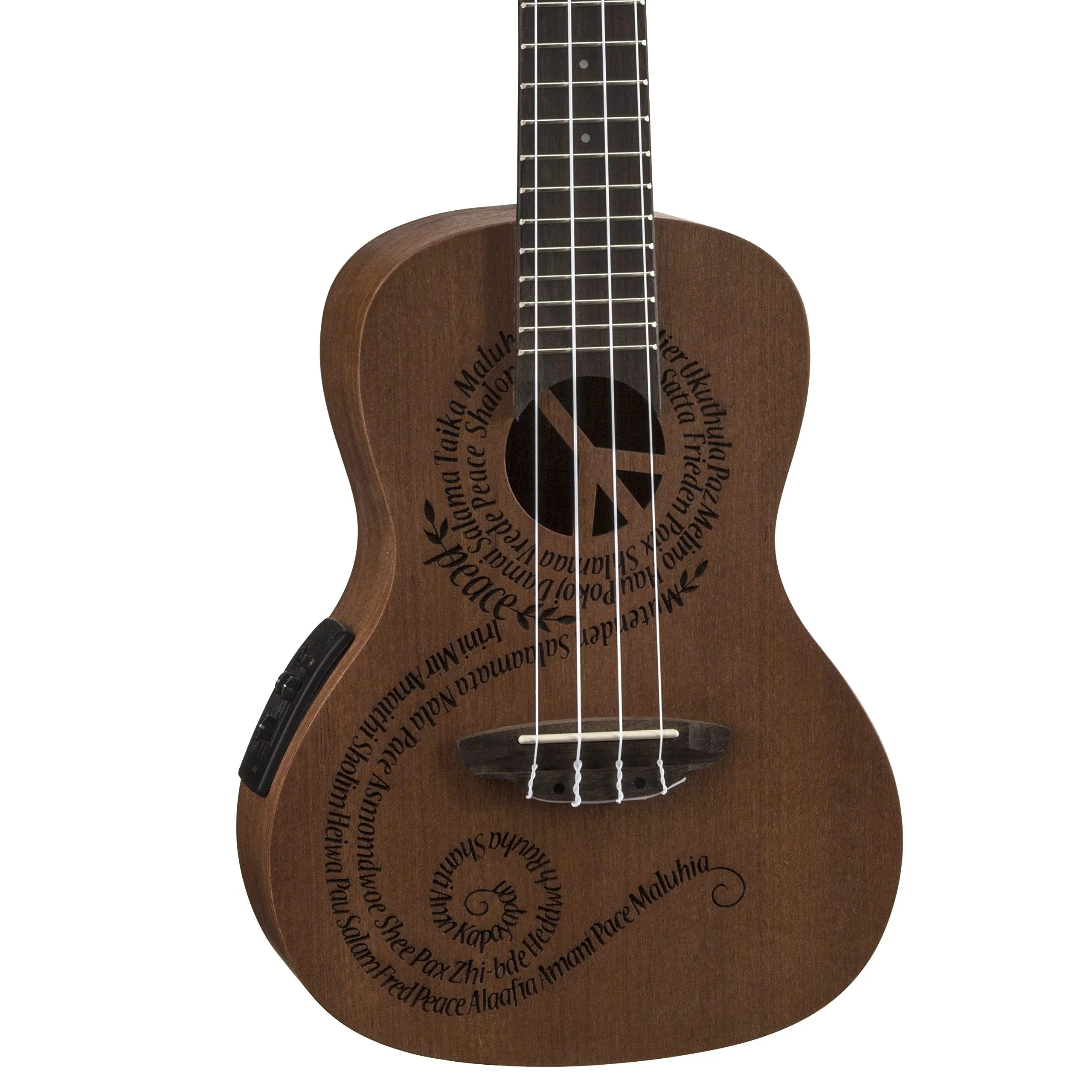 Luna Maluhia Peace Concert Ukulele with Preamp & Gig Bag, All Mahogany, Satin Natural