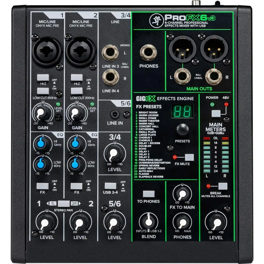 Mackie ProFX6v3 6-Channel Compact Mixer with USB, Built-In Effects, and Onyx Mic Preamps