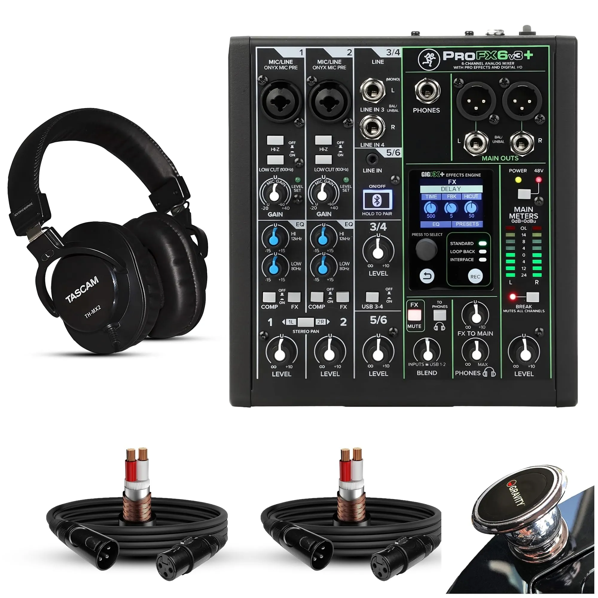 Mackie ProFX6v3+ 6-channel Mixer with Bluetooth, USB, Studio Headphones & XLR Cables Bundle