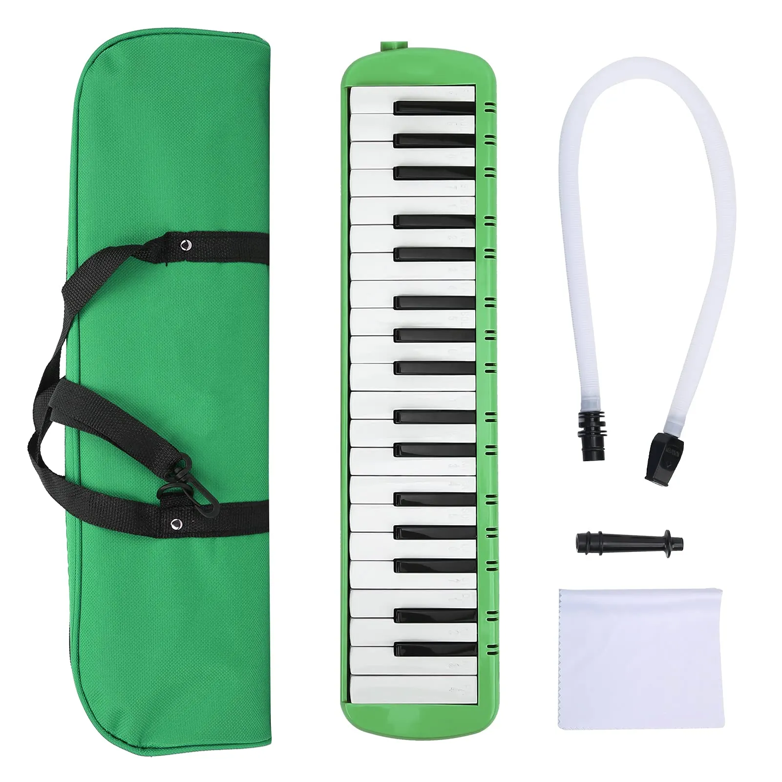 Melodica 37 Keys Green Wind Instrument for Beginners, Professional Training with Blowpipe