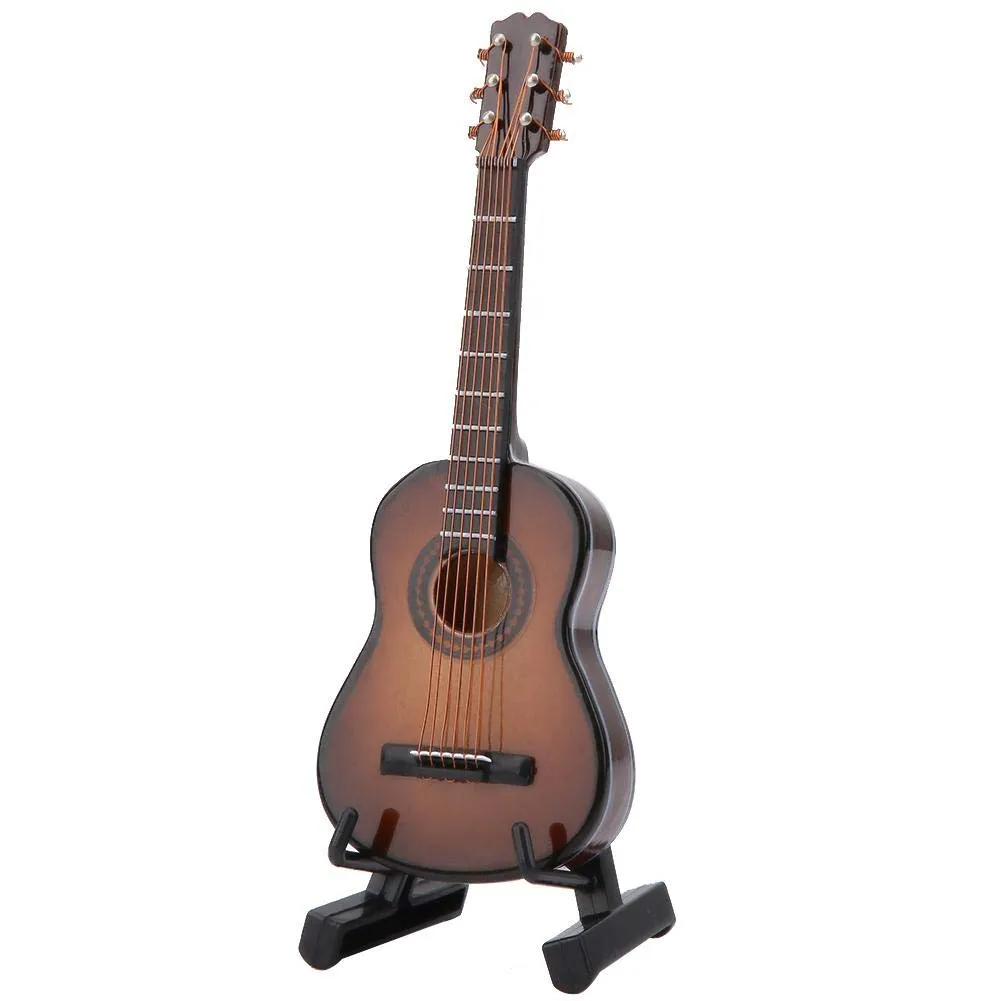 Miniature Guitar Model Brown, Wooden Musical Instrument with Stand & Case, Craft Gift 3.9x1.4in