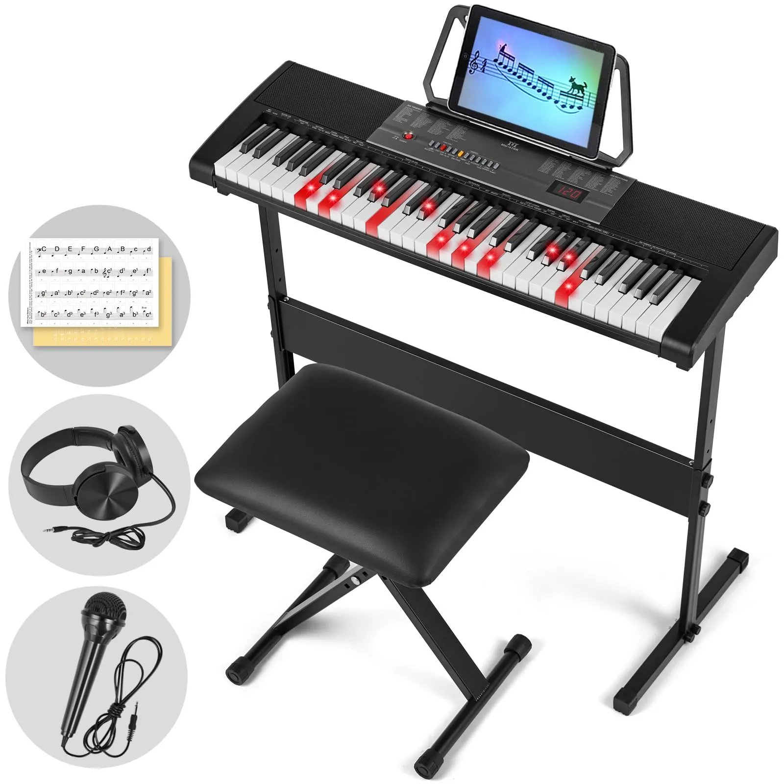 MUSTAR 61-Key Learning Piano Keyboard with Lighted Keys, Bench, Stand, Headphones & Microphone