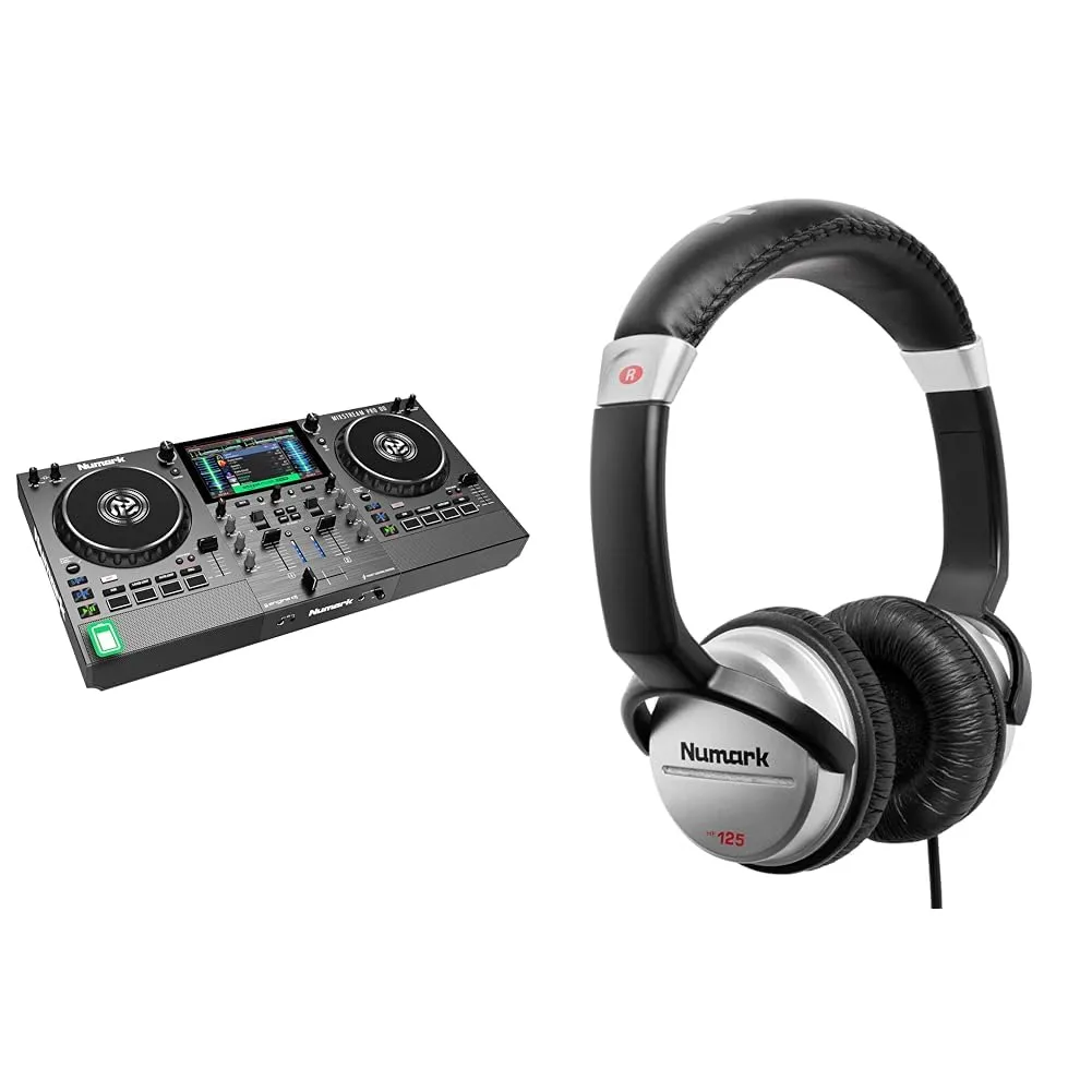 Numark Mixstream Pro Go Battery-Powered DJ Controller with Headphones, Touchscreen, Wi-Fi, Silver