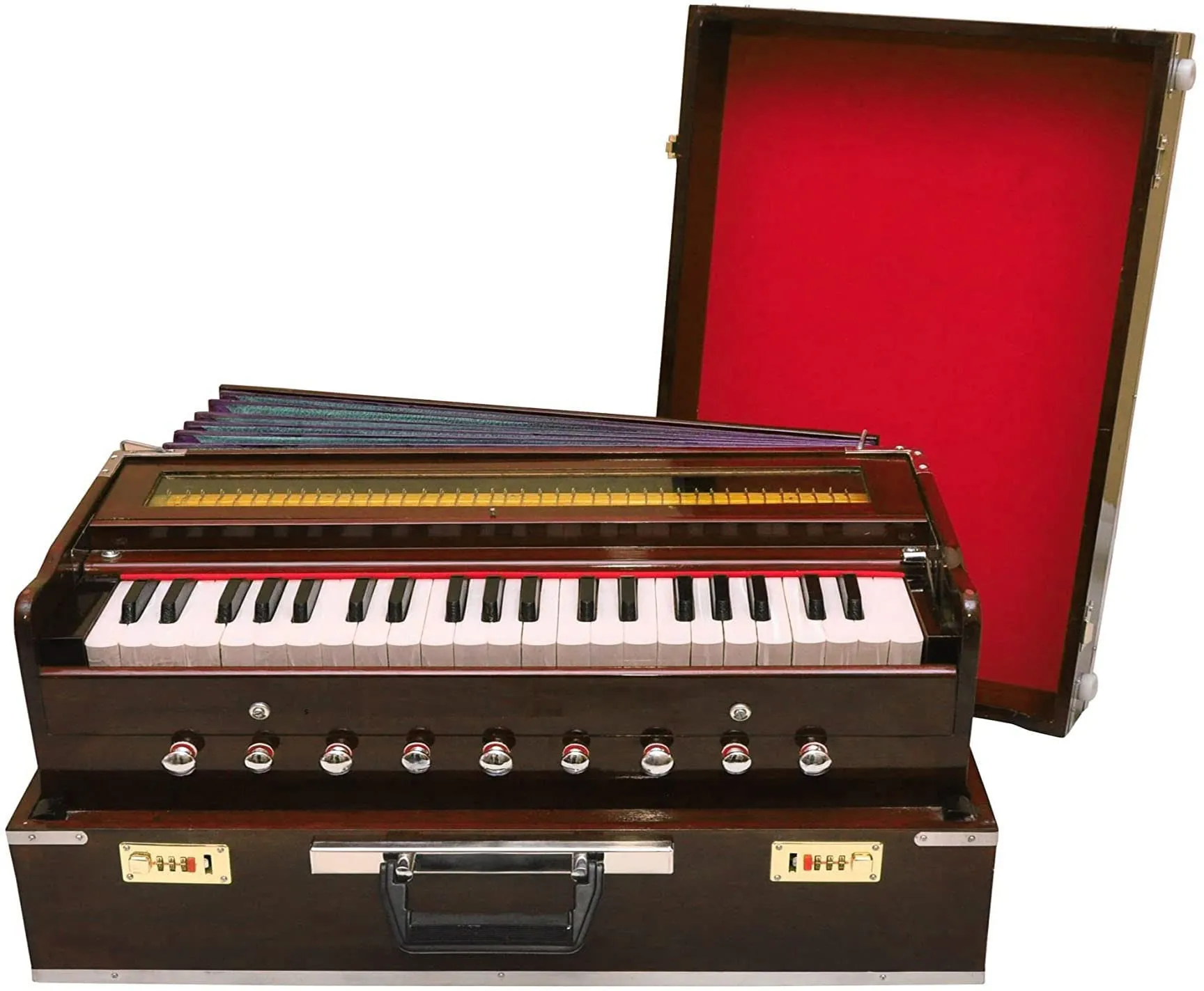 Original Superbrass 9-Stopper Pinewood Folding Indian Harmonium with Fiberglass Case