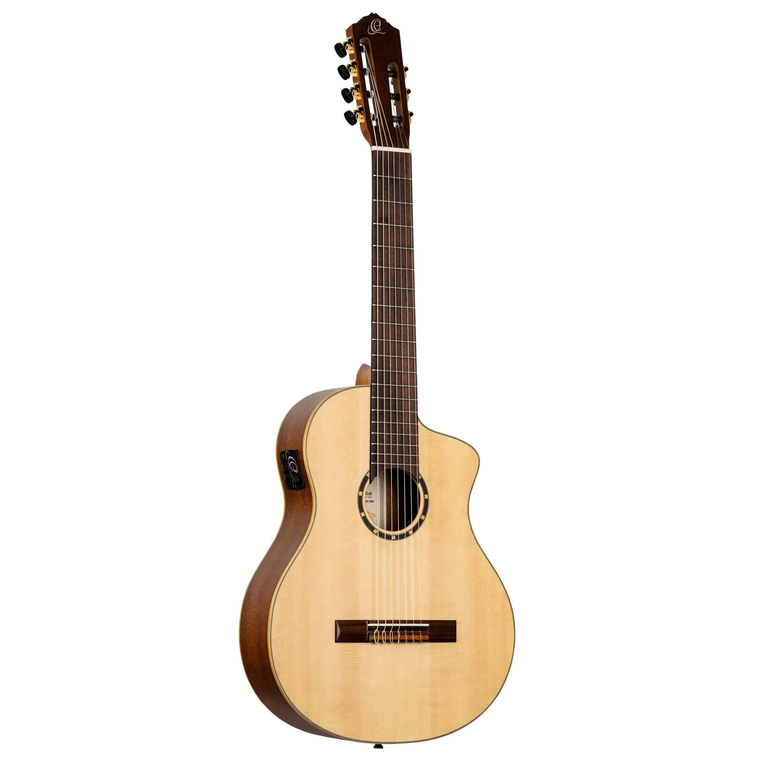 Ortega Guitars Family Series Pro 7-String Acoustic-Electric Nylon Guitar w/Bag, Natural Satin