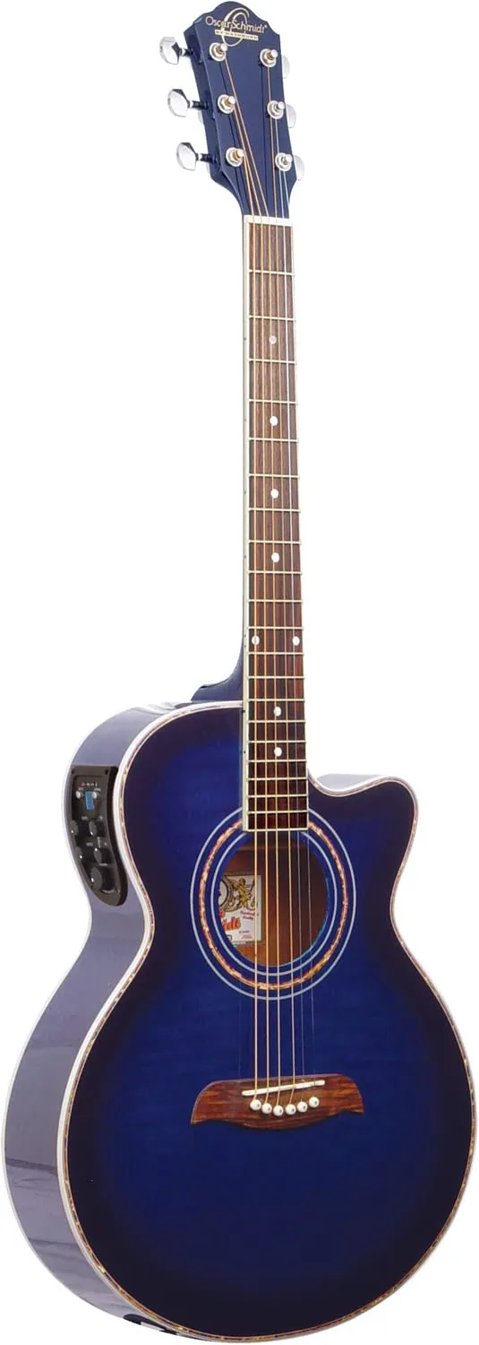 Oscar Schmidt OG10CE Cutaway Acoustic-Electric Guitar, Flame Transparent Blue, Concert Size