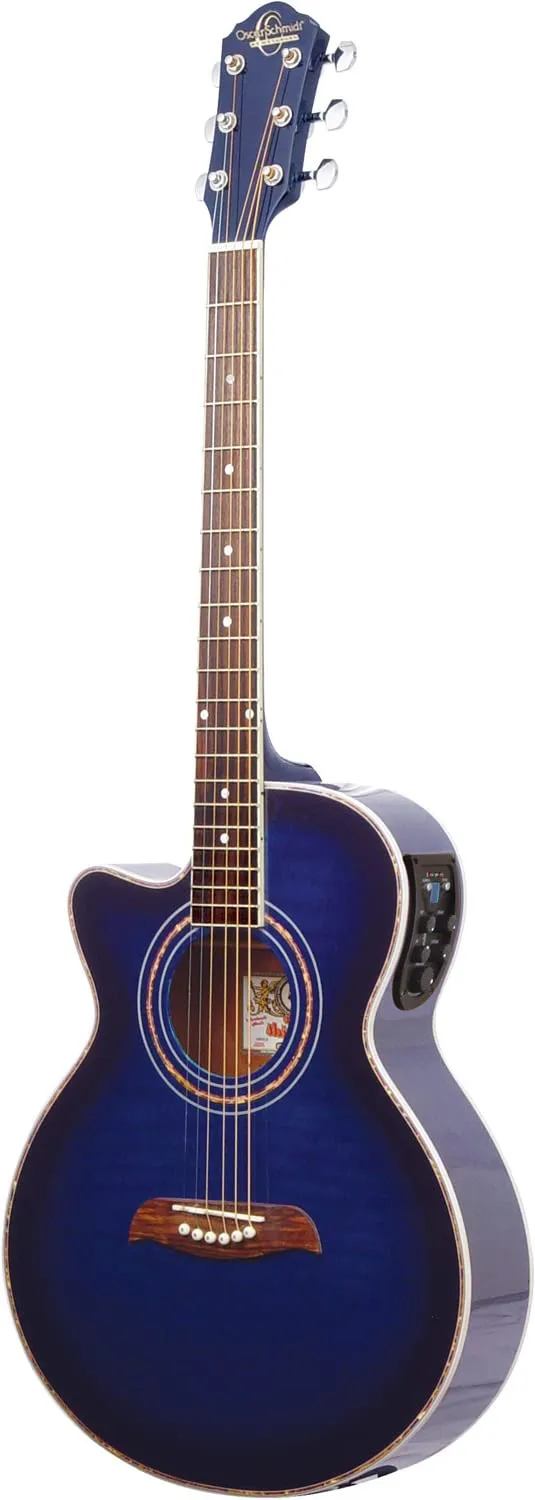 Oscar Schmidt OG10CEFTBLLH-A Left-Handed Acoustic Electric Guitar, Flame Transparent Blue