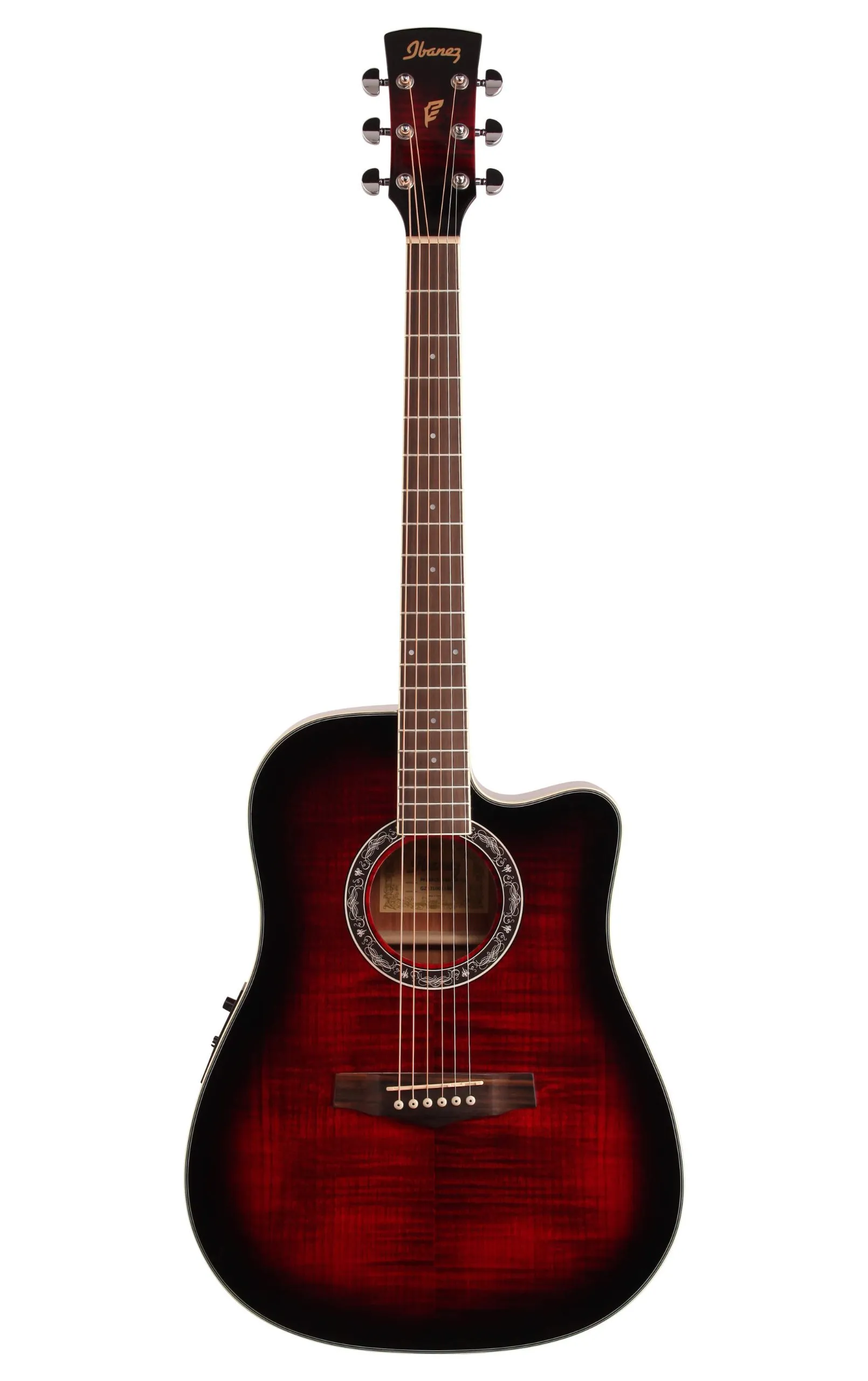 PF28ECE Acoustic Electric Guitar - Transparent Red Sunburst, Flamed Maple Top, Mahogany Back