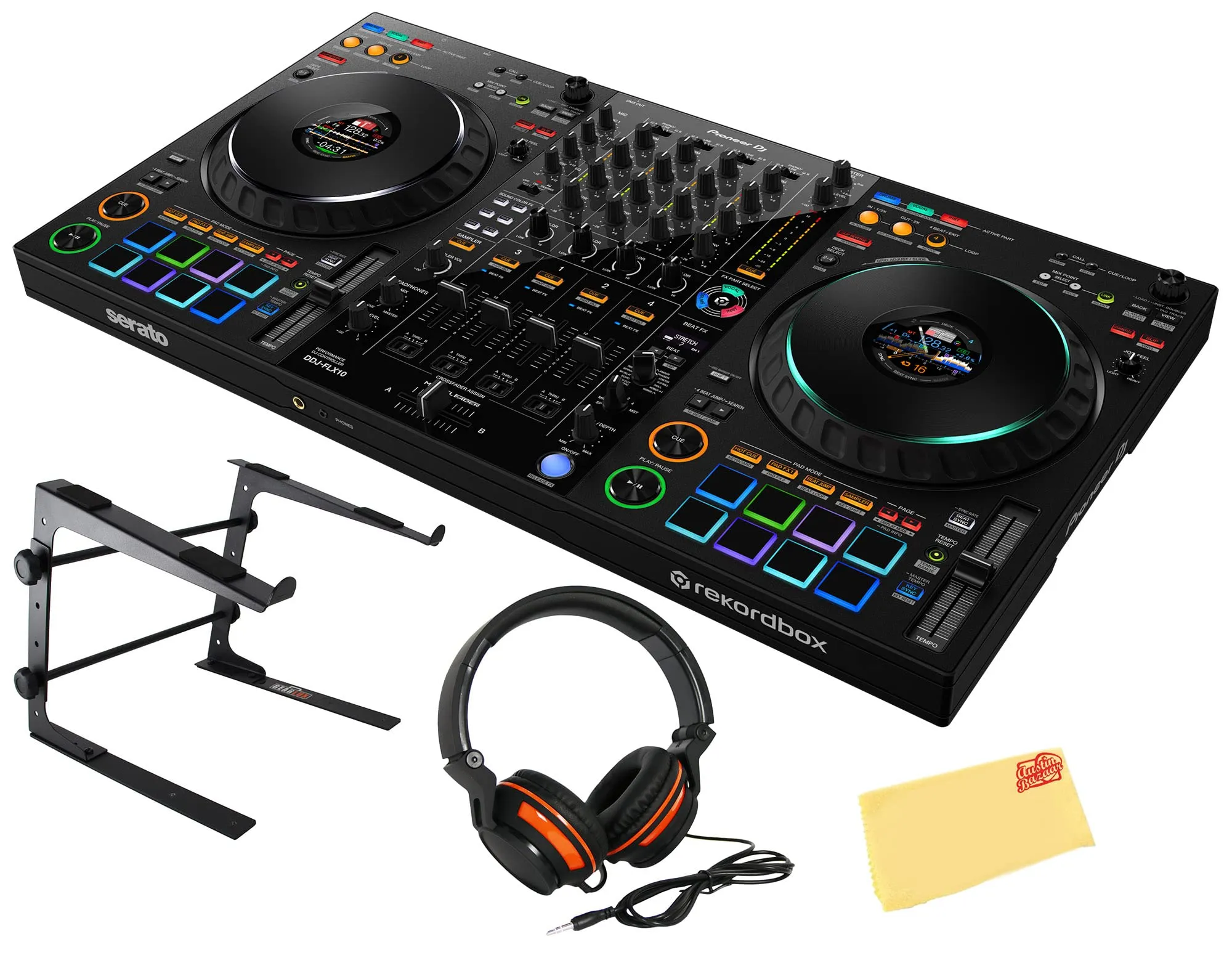 Pioneer DDJ-FLX10 DJ Controller Bundle with Laptop Stand, Headphones, and Polishing Cloth