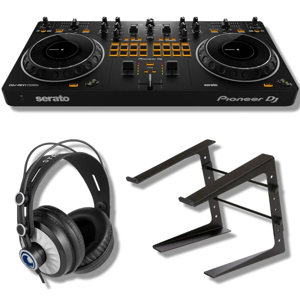 Pioneer DDJ-REV1 DJ Controller Bundle with Adjustable Laptop Stand, Headphones & Cloth