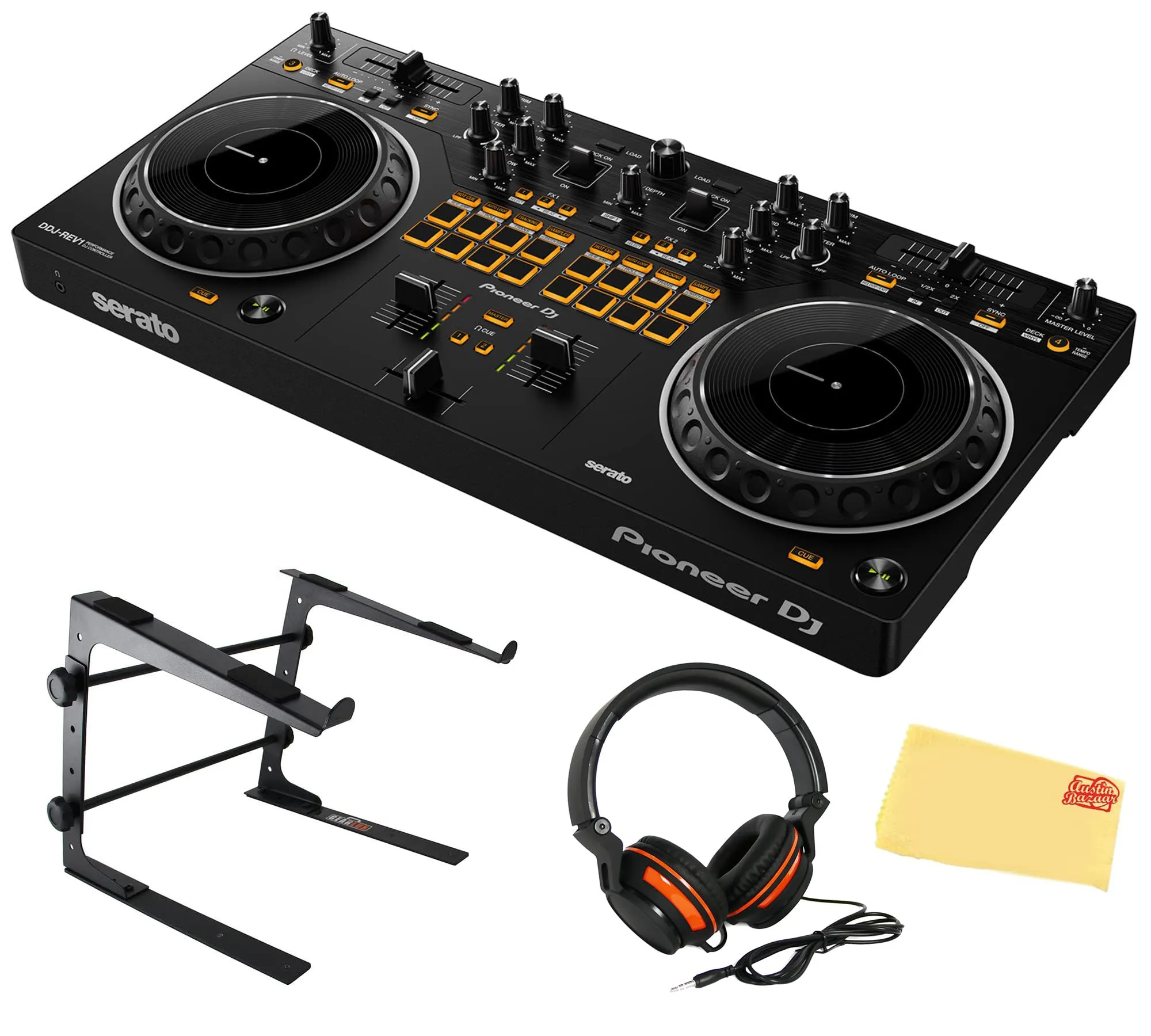 Pioneer DDJ-REV1 Scratch-Style 2-Channel DJ Controller Bundle - Includes Laptop Stand, Headphones, Cloth