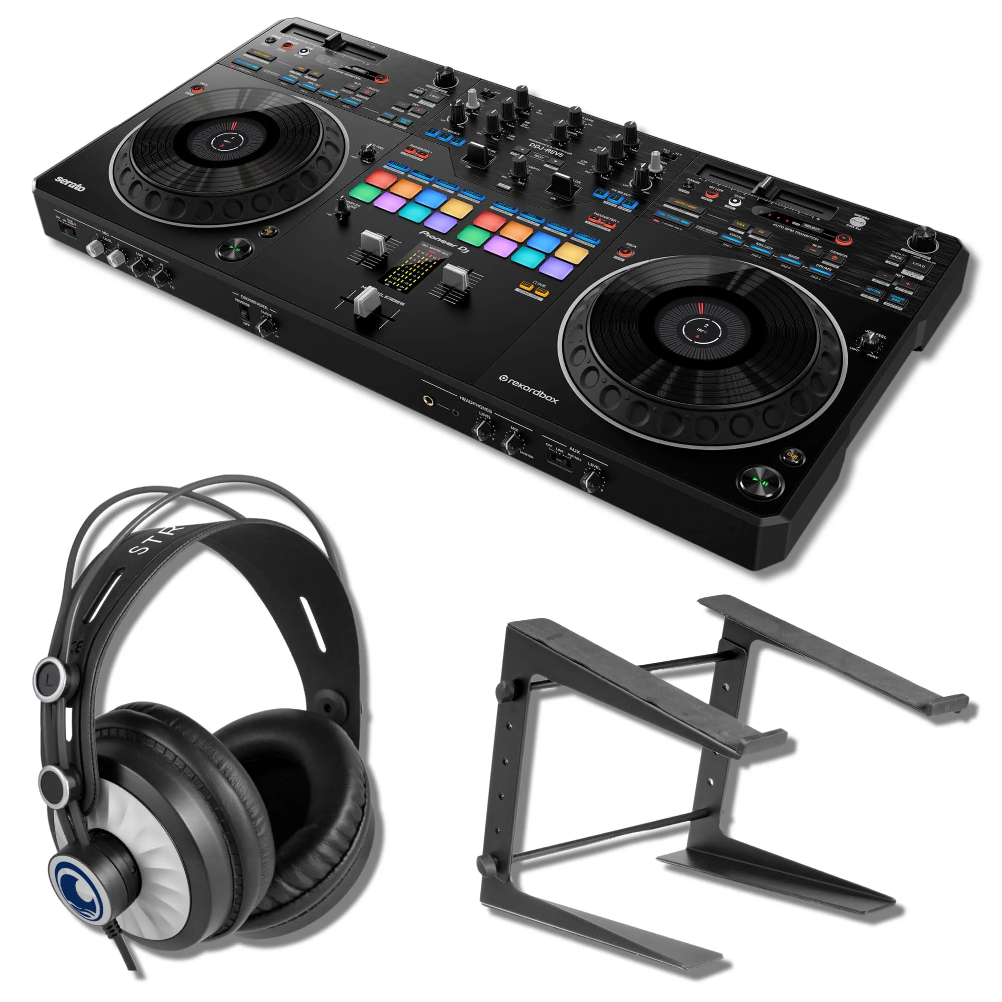 Pioneer DDJ-REV5 4-Deck DJ Controller Bundle with StreamEye Cans50 Headphones & LPT5000 Stand