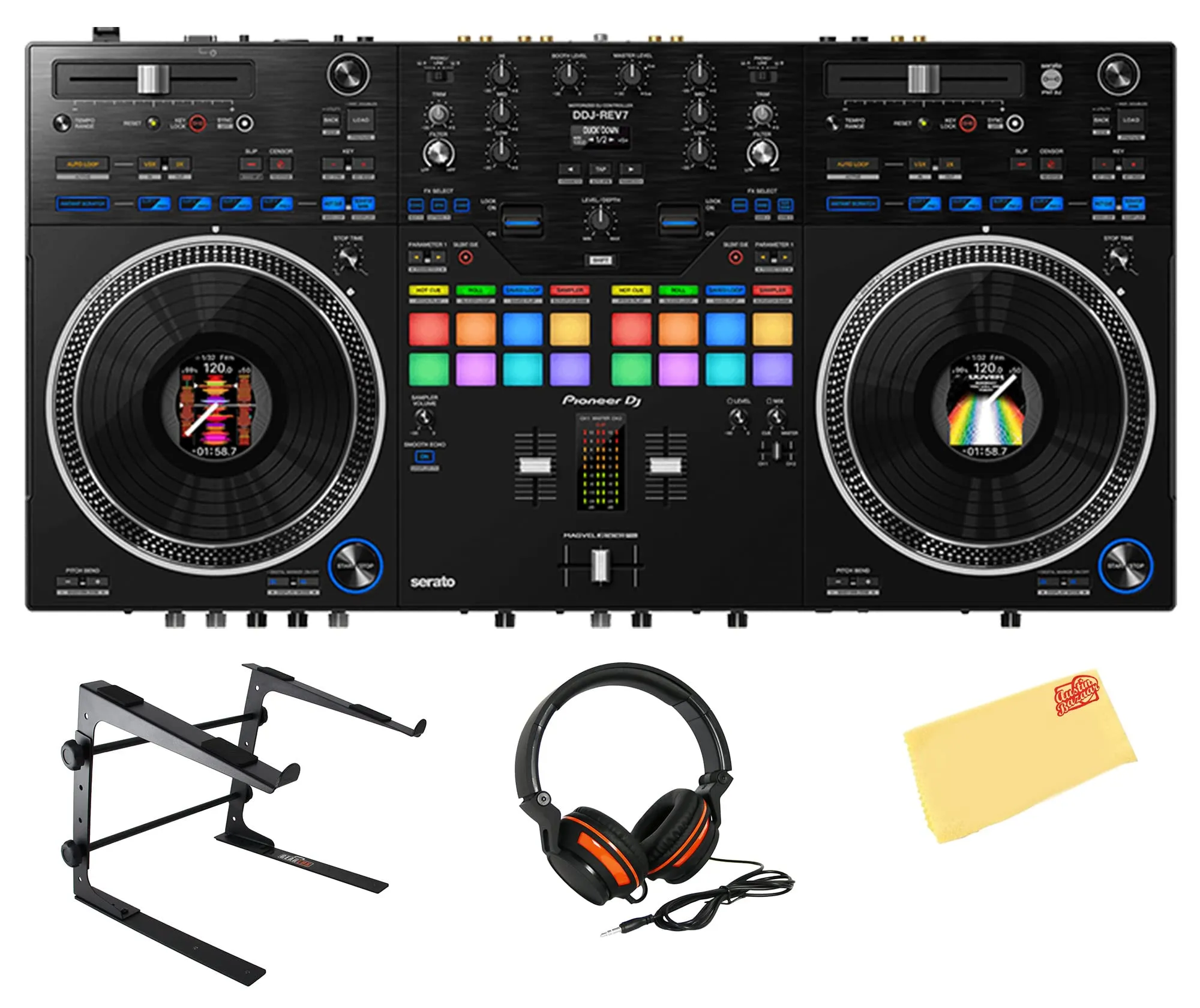 Pioneer DDJ-REV7 Scratch-Style DJ Controller Bundle with Laptop Stand, Headphones, Cloth - Black