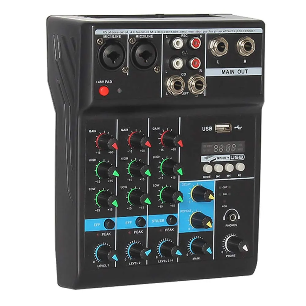 Professional 4-Channel Audio Mixer with Bluetooth, USB, 48V Phantom Power, and DSP Effects