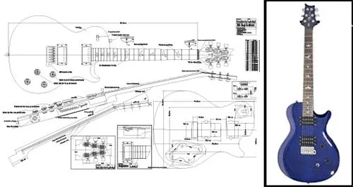 PRS Singlecut Electric Guitar Full-Scale Plan with Fret Slotting Chart and Wiring Diagram