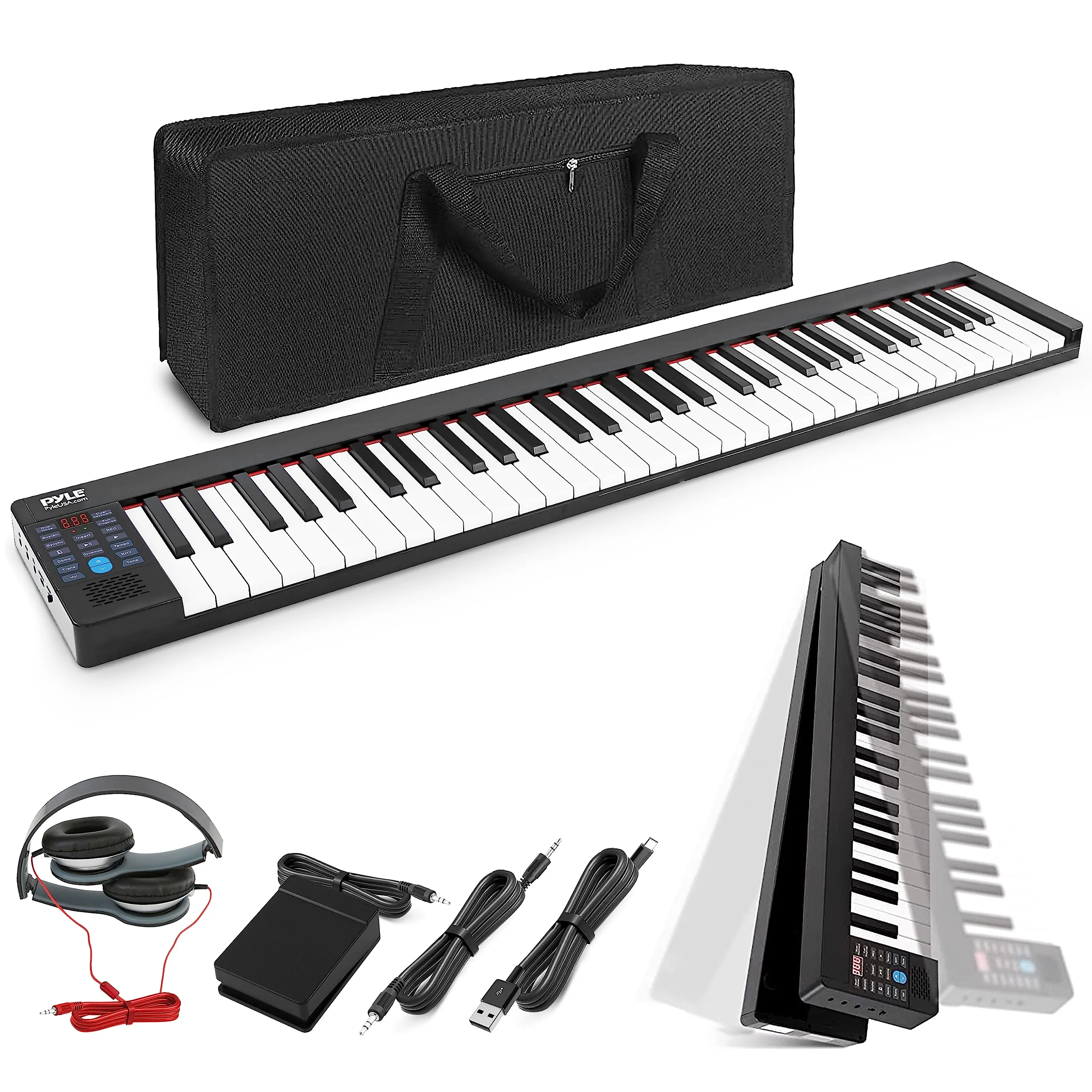 Pyle Electric Musical Keyboard 61 Keys, Bluetooth, Foldable Piano with Sustain Pedal & Headphones