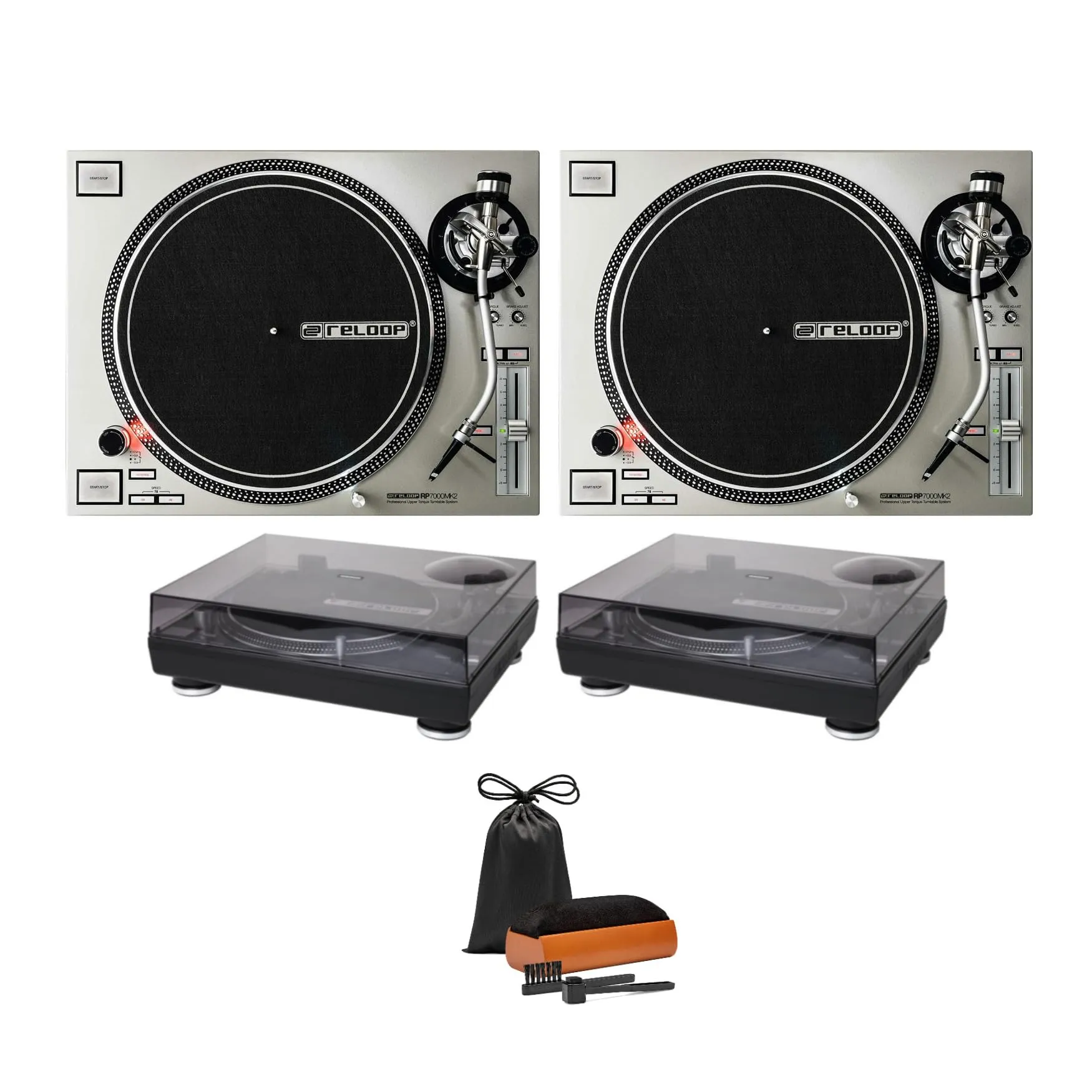 Reloop RP-7000 MK2 Professional Turntable System Bundle with Dust Covers & Vinyl Care Solutions