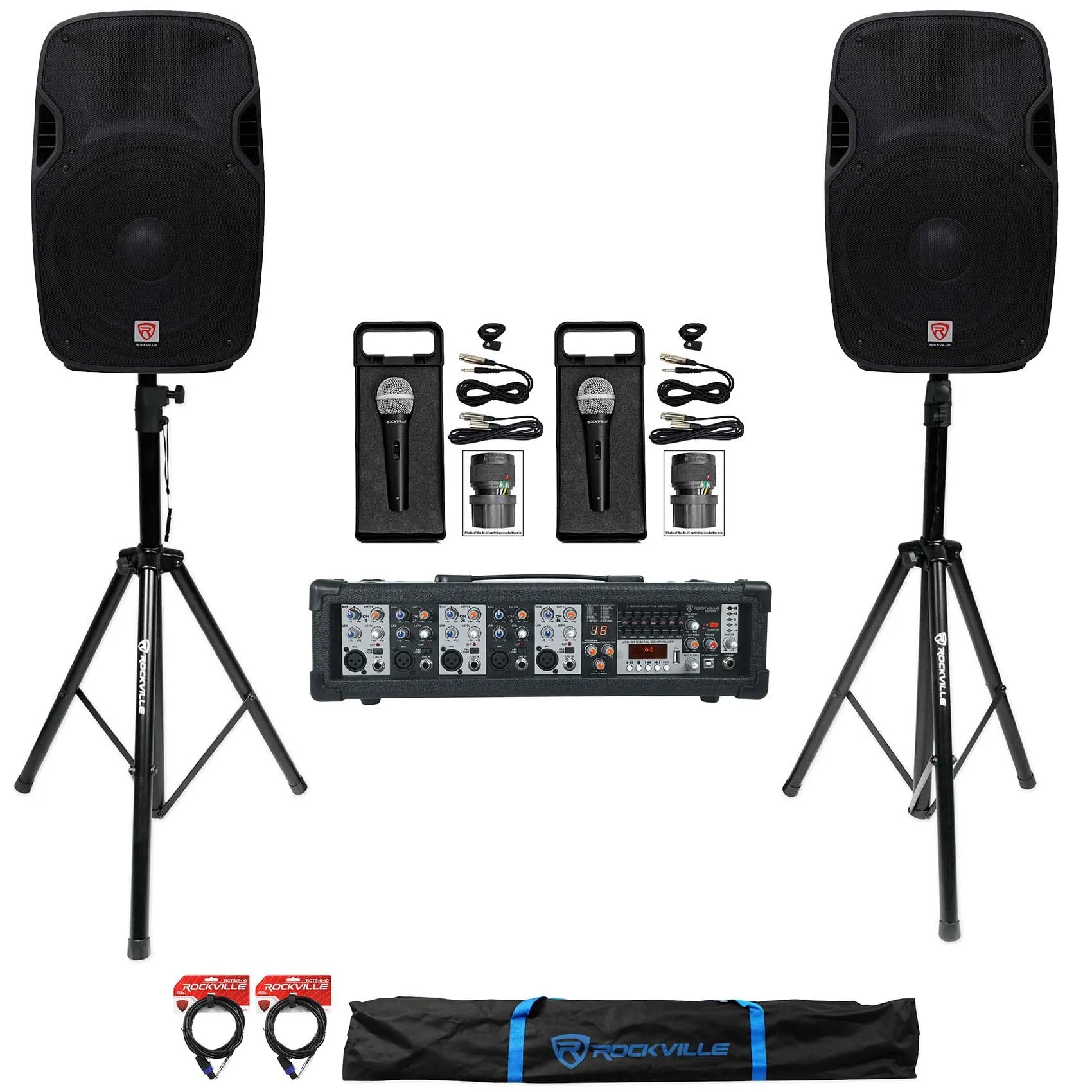 Rockville SPGN158 DJ PA Speaker Bundle with RPM47 Mixer, RMC-XLR Microphones & Tripod Stands