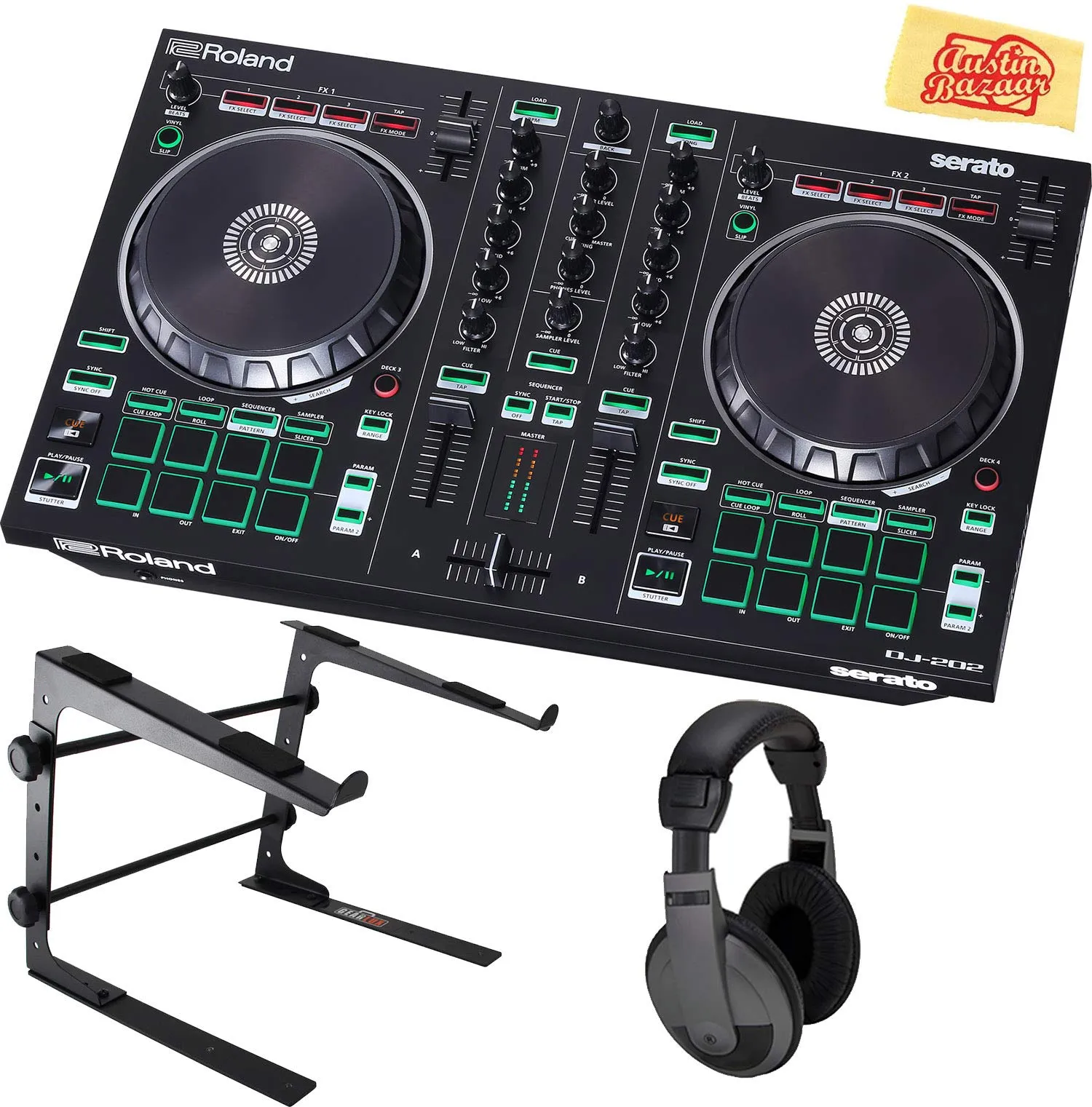 Roland DJ-202 DJ Controller Bundle with Stand, Headphones, and Polishing Cloth, Compact & Feature-Packed