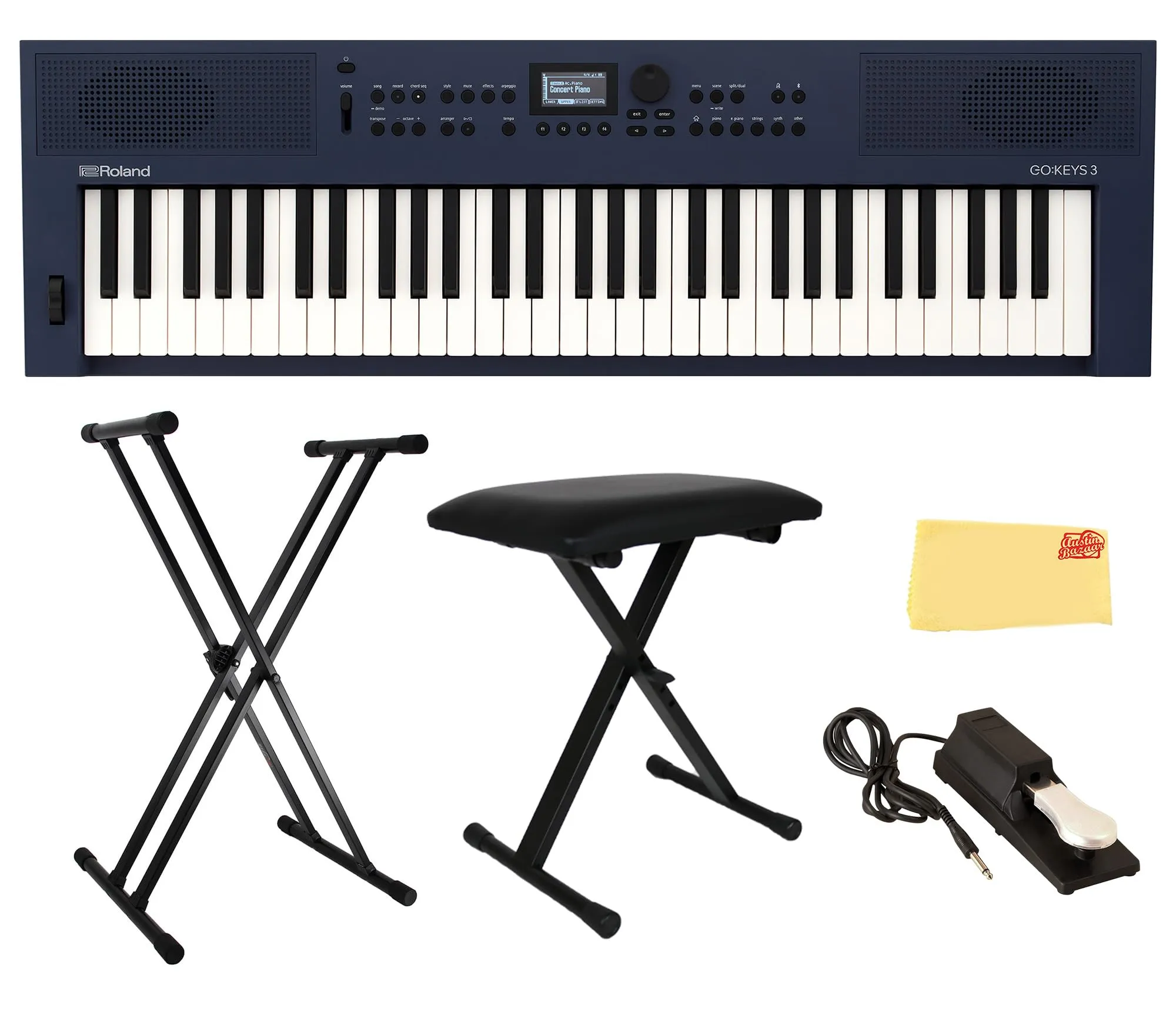 Roland GO:KEYS 3 Midnight Blue Keyboard Bundle with Stand, Bench, Pedal & Online Lessons