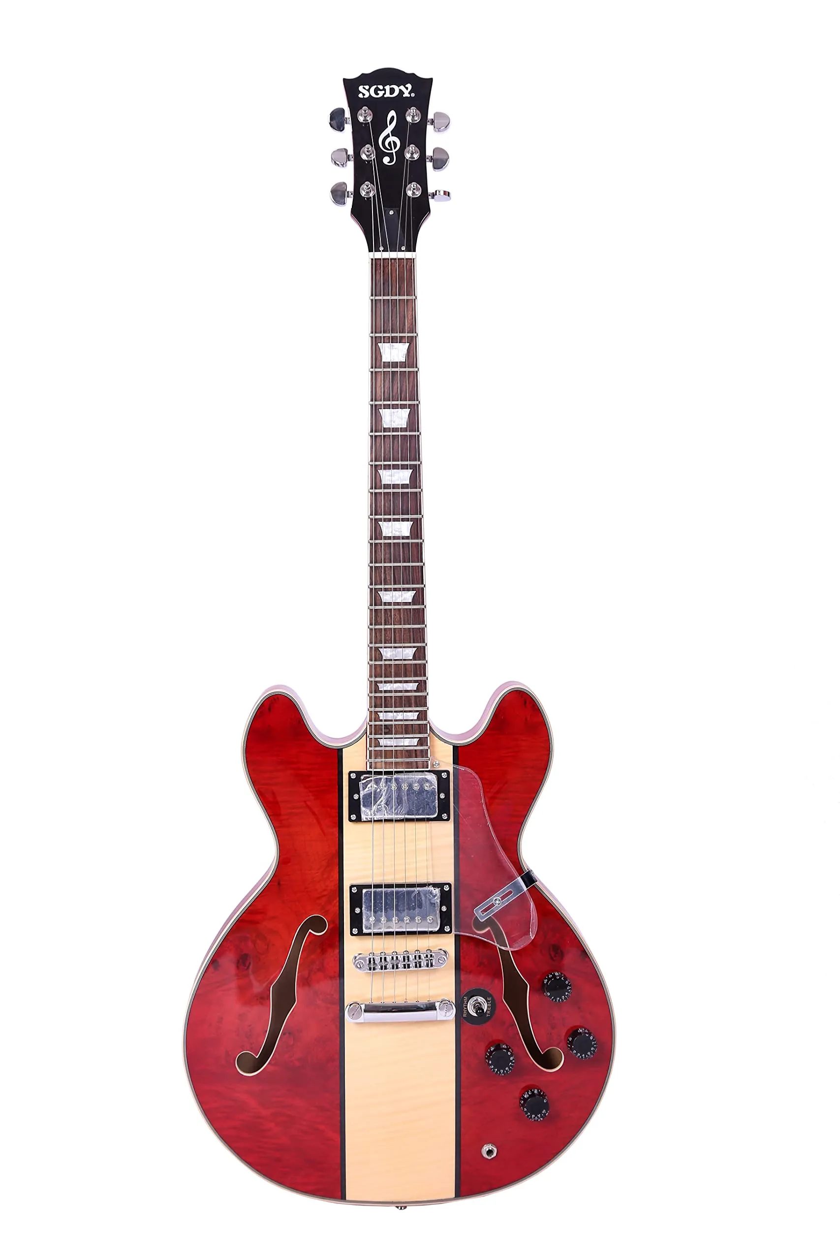 Semi-Hollow Body Electric Guitar, Red Flame Stripes, Maple Neck, Rosewood Fingerboard, 22 Frets