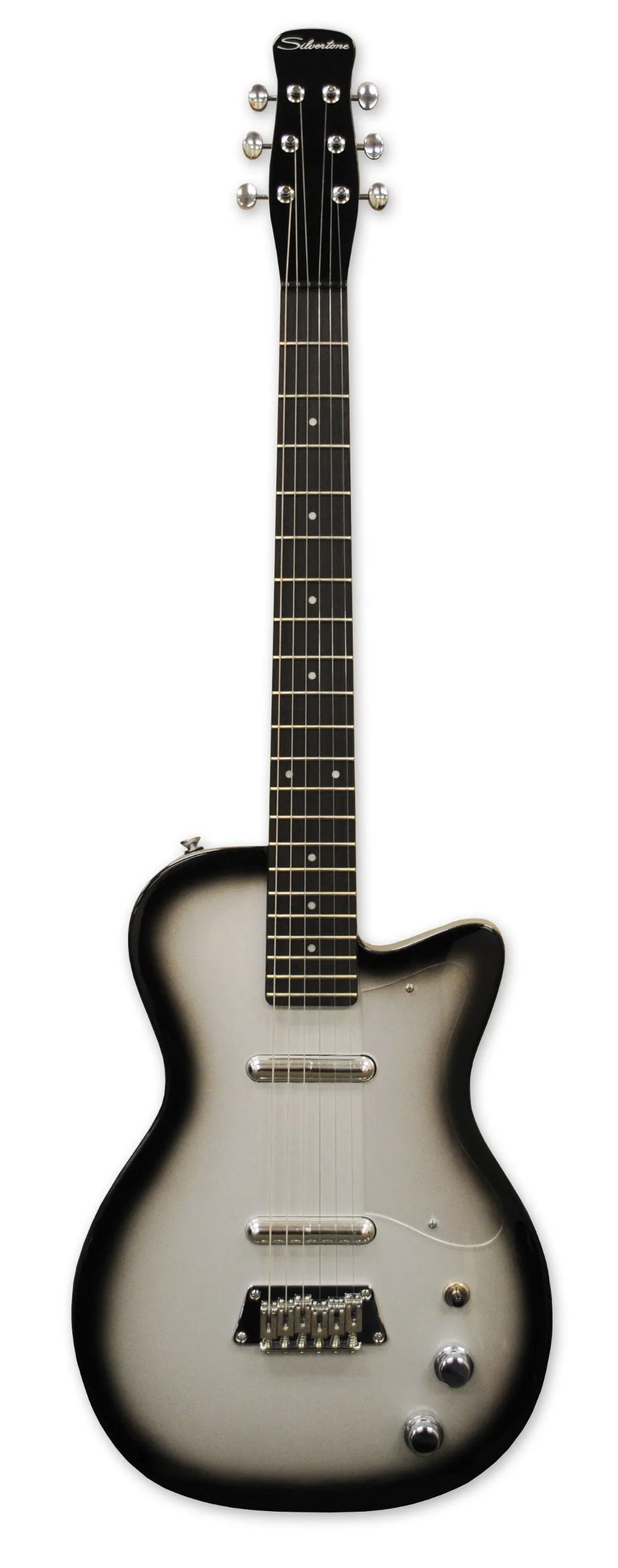 Silvertone 6 String Electric Guitar, Solid Body, Right, Silverburst Finish, Standard Design