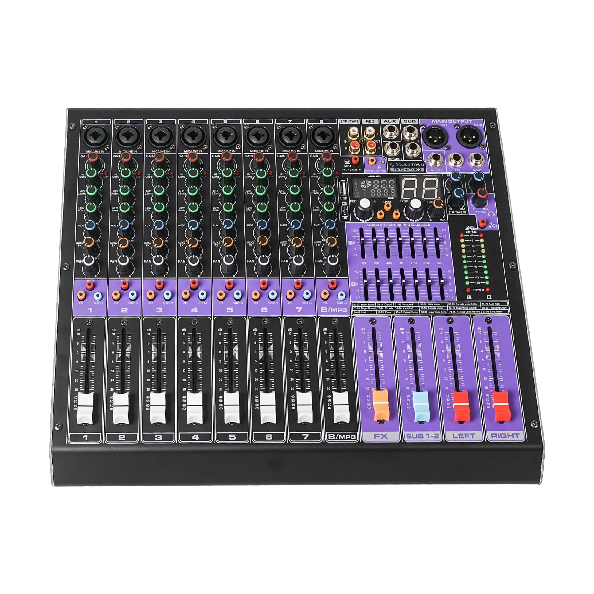 Sound Town TRITON-TX802 8-Channel Professional Mixer with 99 DSP, Dual 7-Band EQ, USB/Bluetooth