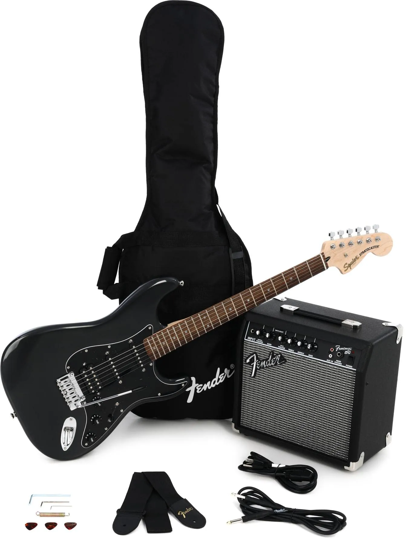 Squier Affinity Series Stratocaster Electric Guitar Kit, Charcoal Frost Metallic with Amp & Bag