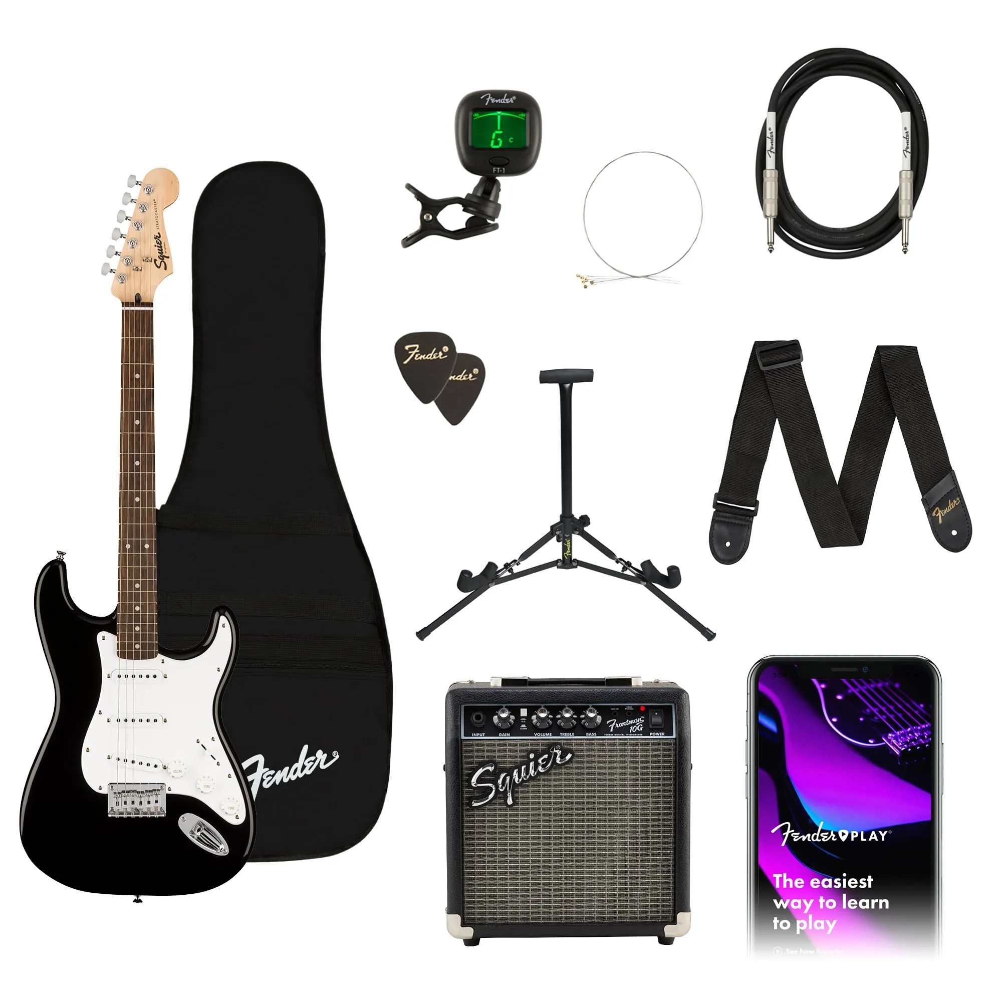 Stratocaster Electric Guitar Kit with Amp, Bag, Strap - Squier, Lightweight Poplar Body