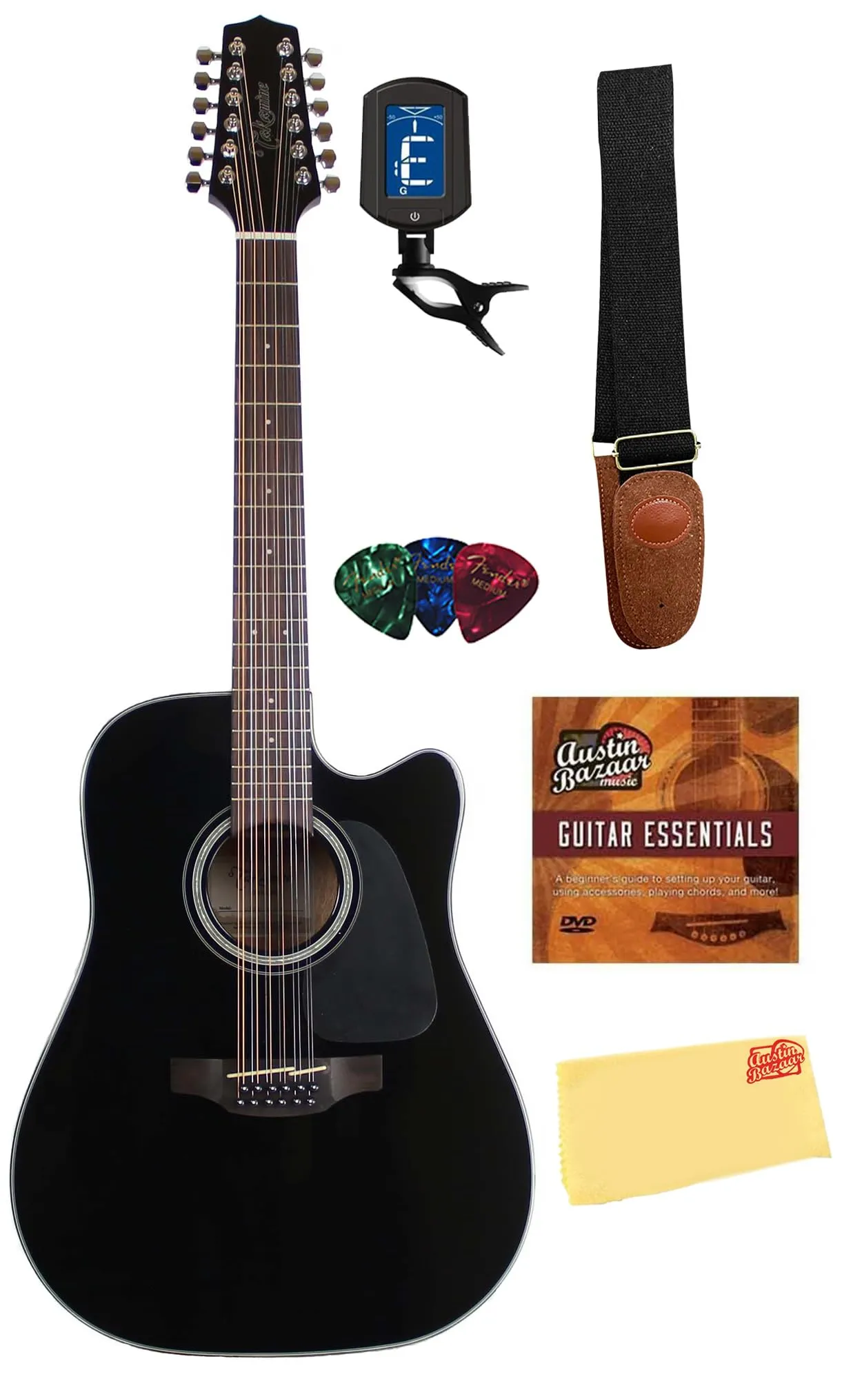 Takamine GD30CE 12-String Acoustic-Electric Guitar Bundle - Black with Tuner, Strap, DVD, Cloth