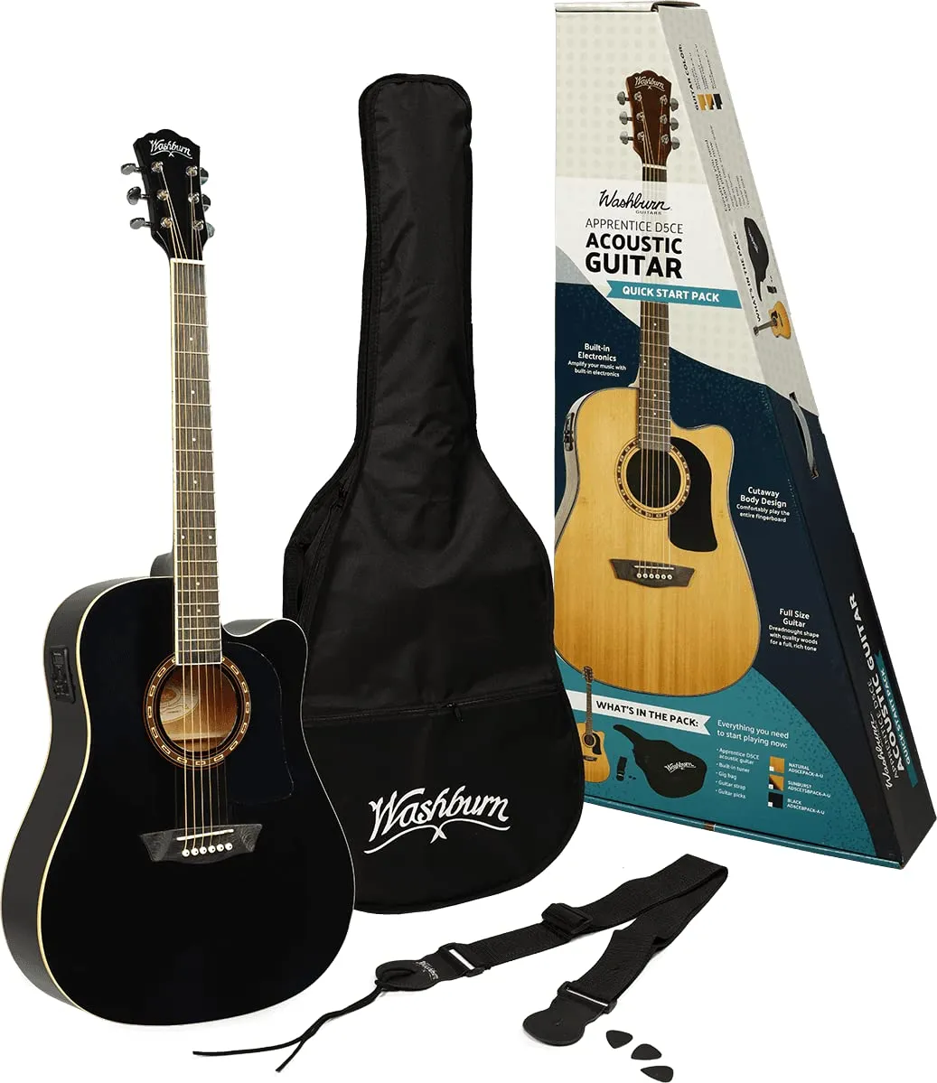 Washburn Acoustic Guitar Pack - Right, Black, Electroacoustic with Gigbag, Strap & Picks