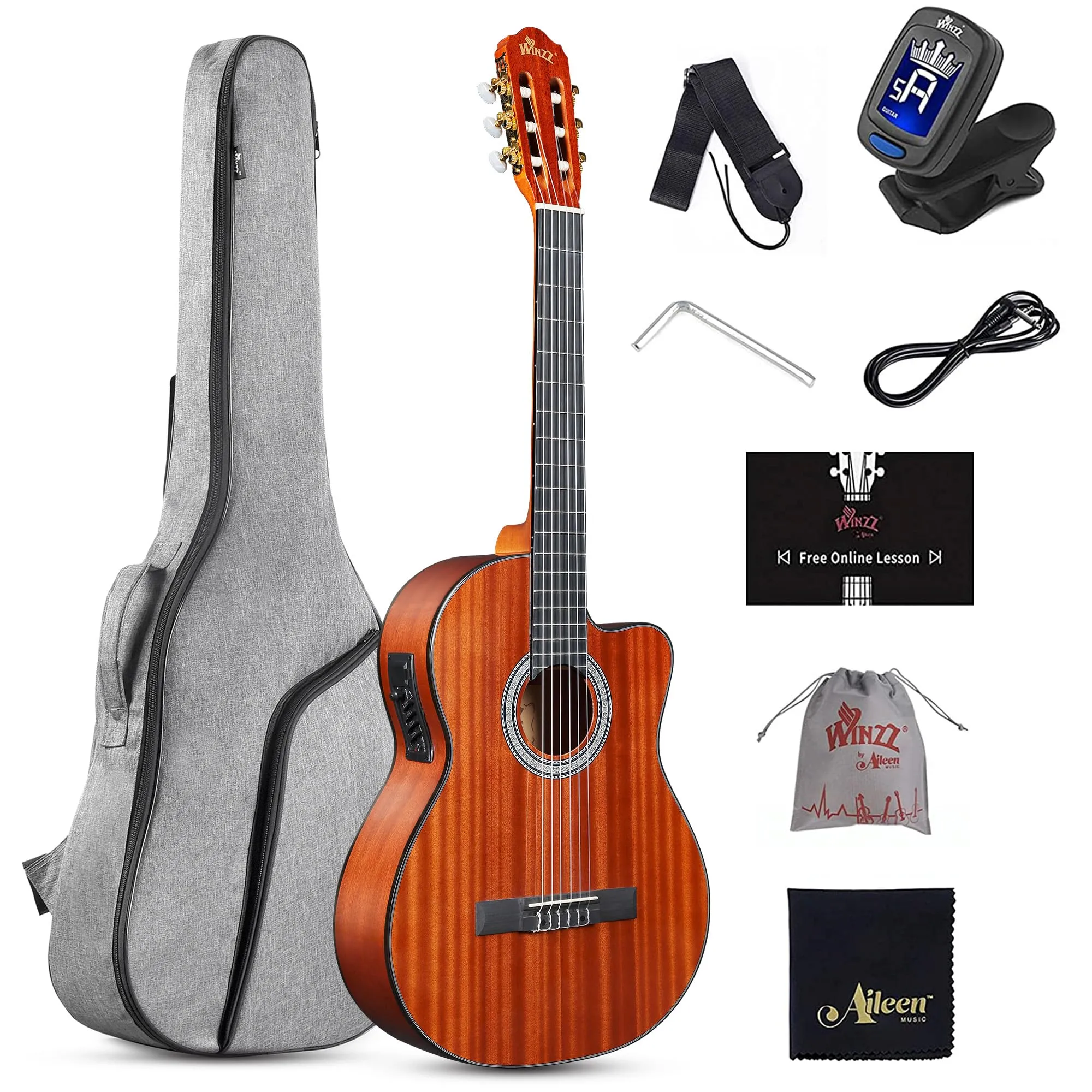 WINZZ AC309CE 39-Inch Cutaway Nylon-String Classical Electric Guitar with Pickup & Lessons